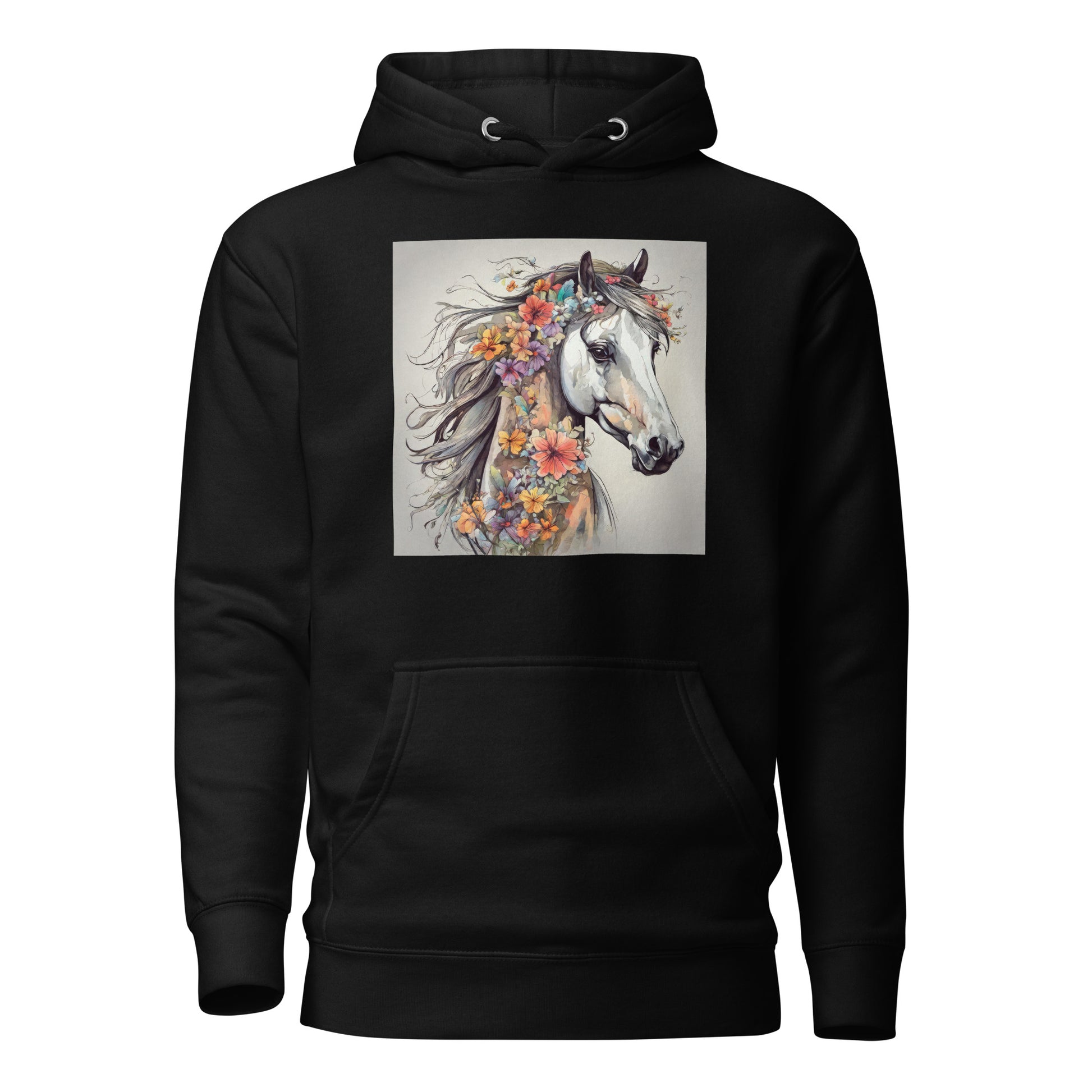 Horse with Flowers Women's Animal Lover Hoodie Black