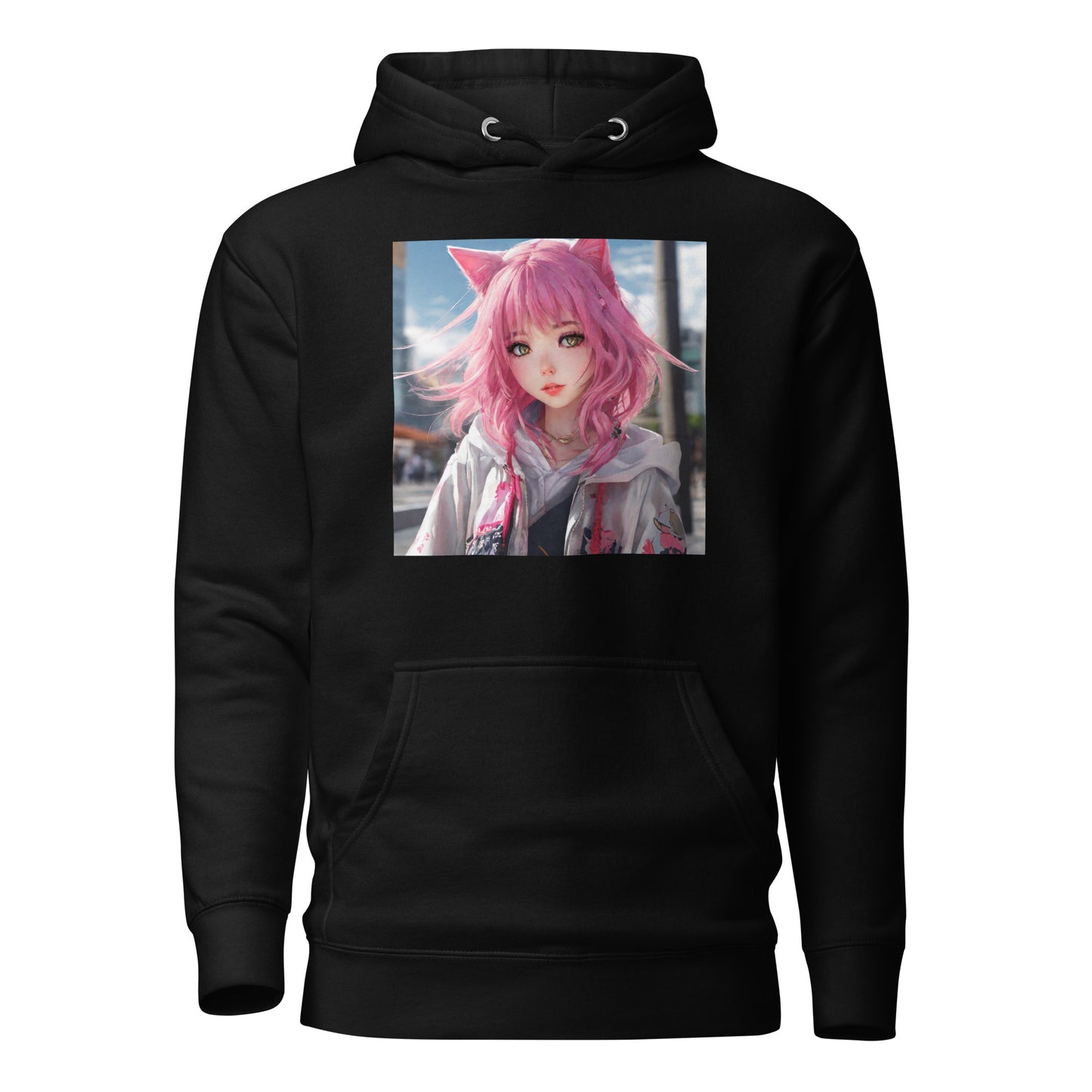 Cute Girl with Cat Ears and Pink Hair Women's Anime Hoodie Black