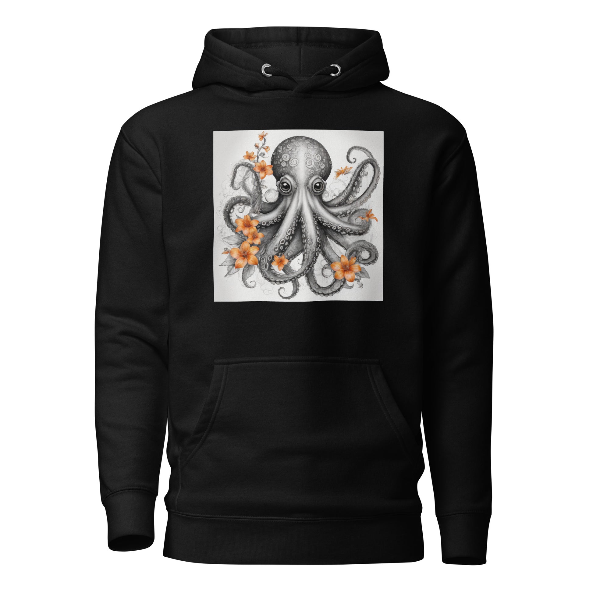 Octopus with Orange Flowers Women's Animal Lover Hoodie Black