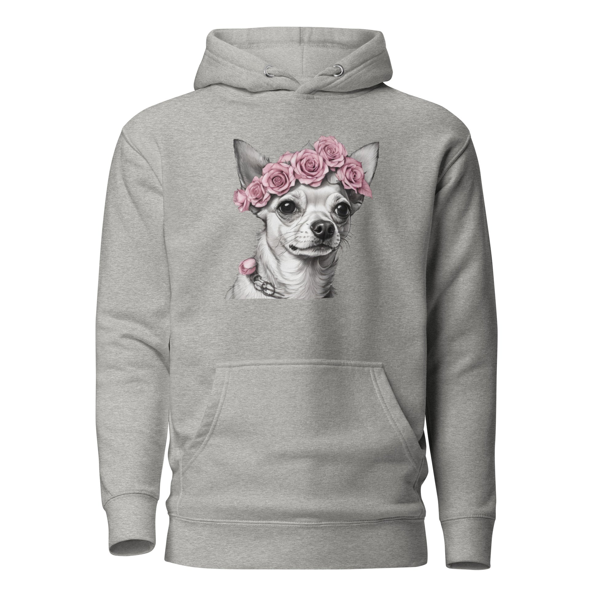 Chihuahua with Pink Rose Wreath Women's Dog Lover Hoodie Carbon Grey