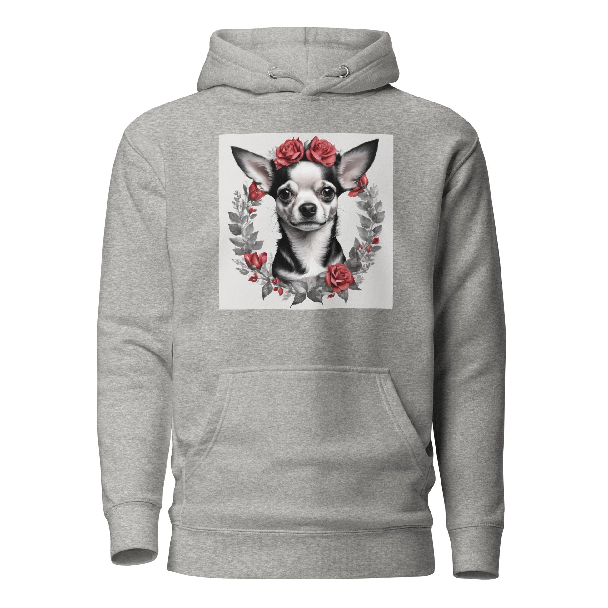 Chihuahua with Red Rose Wreath Women's Dog Lover Hoodie Carbon Grey