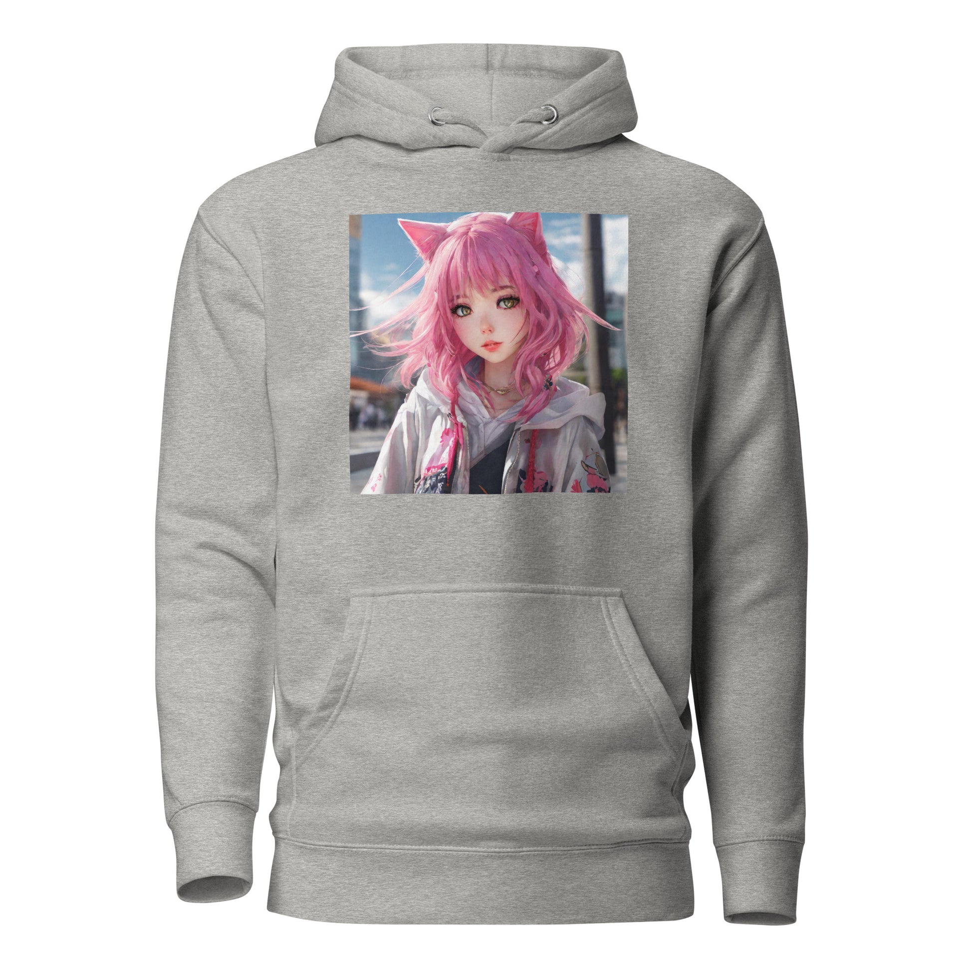 Cute Girl with Cat Ears and Pink Hair Women's Anime Hoodie Carbon Grey