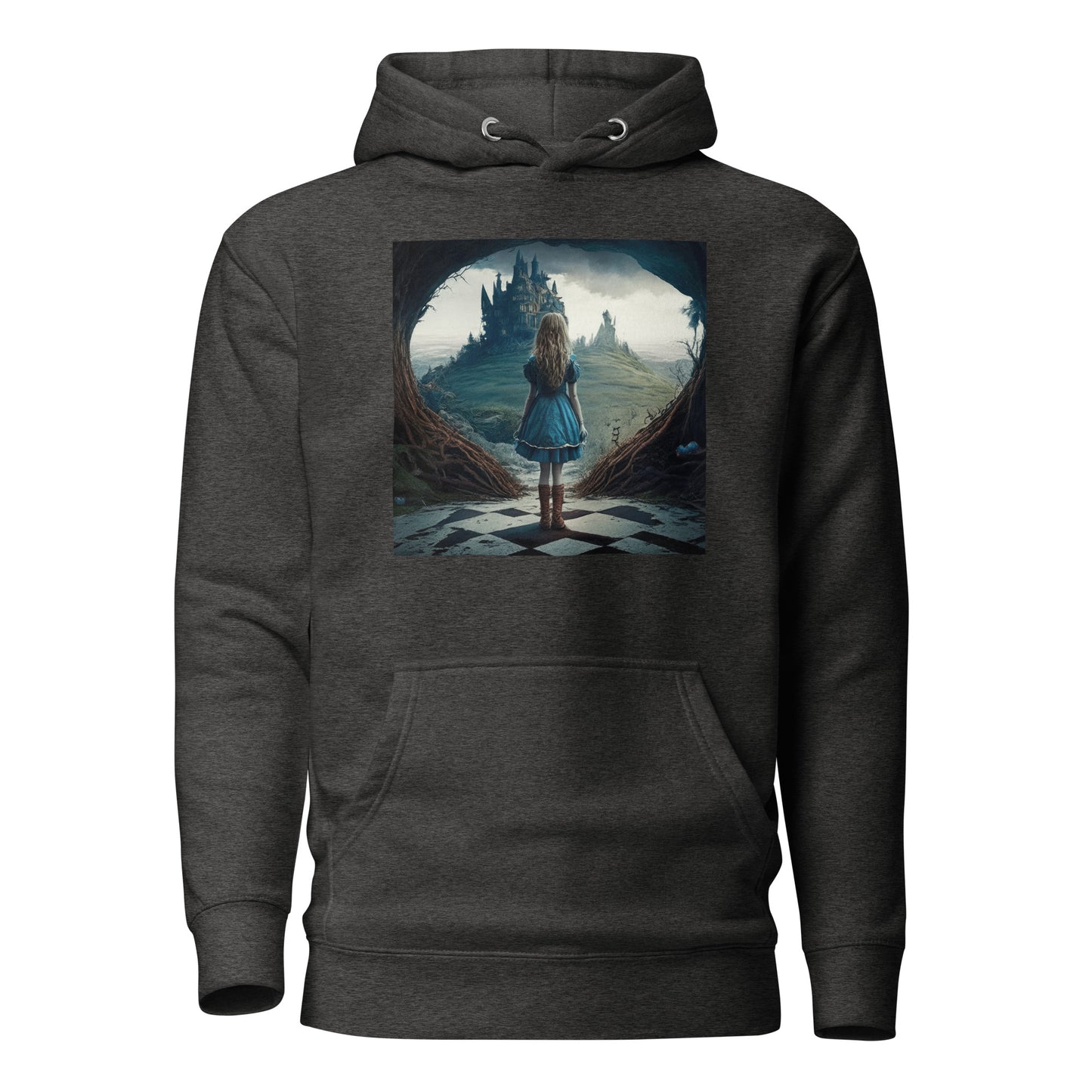 Alice Entering Wonderland Women's Fantasy Graphic Hoodie Charcoal Heather