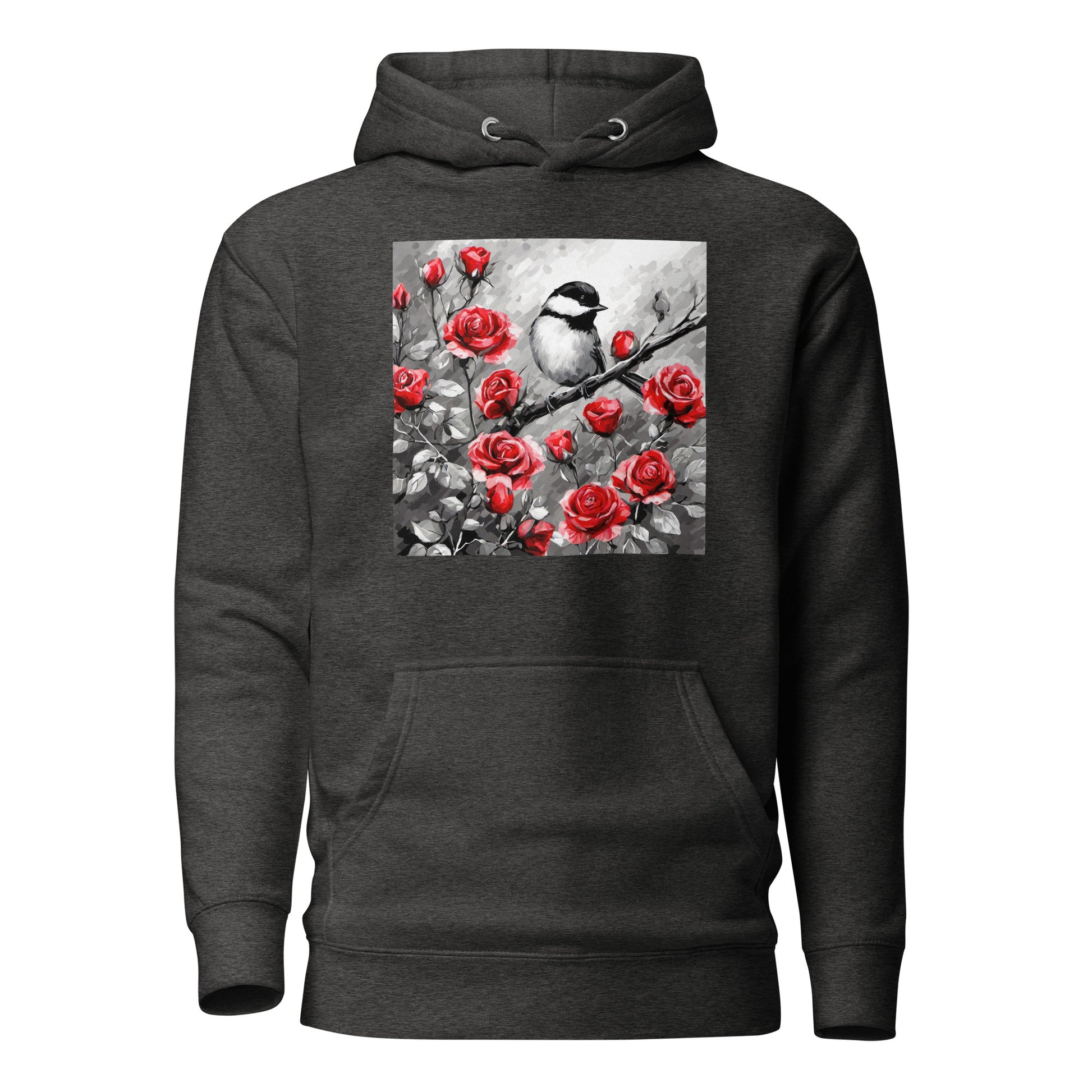 Chickadee Among Roses Women's Bird Lover Hoodie Charcoal Heather