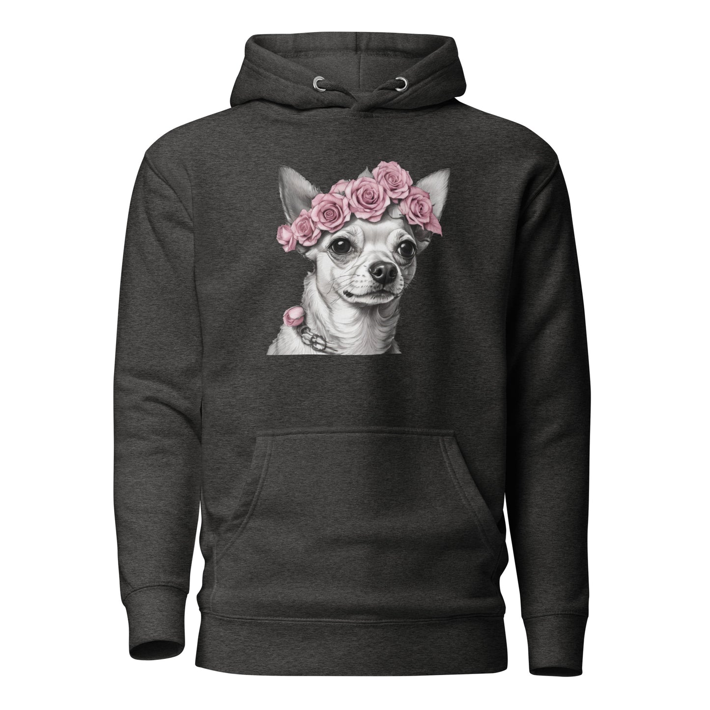 Chihuahua with Pink Rose Wreath Women's Dog Lover Hoodie Charcoal Heather