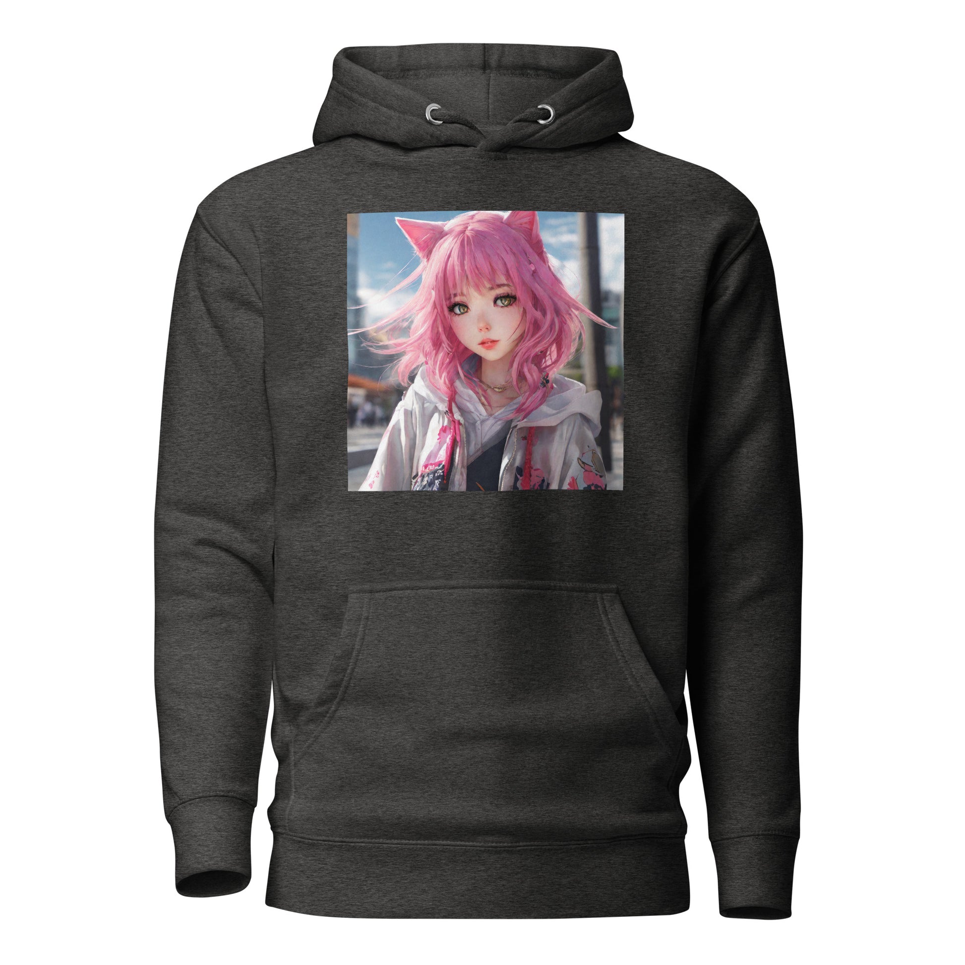 Cute Girl with Cat Ears and Pink Hair Women's Anime Hoodie Charcoal Heather