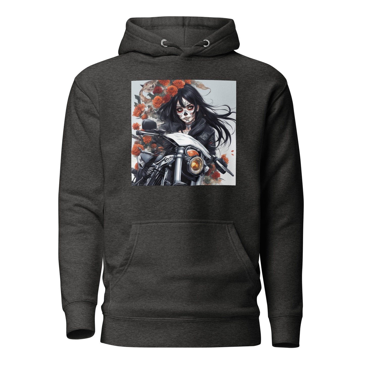 Day of the Dead Biker Close Up Women's Anime Hoodie Charcoal Heather