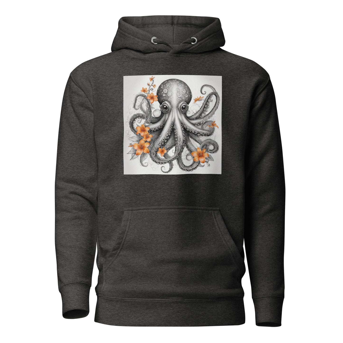 Octopus with Orange Flowers Women's Animal Lover Hoodie Charcoal Heather