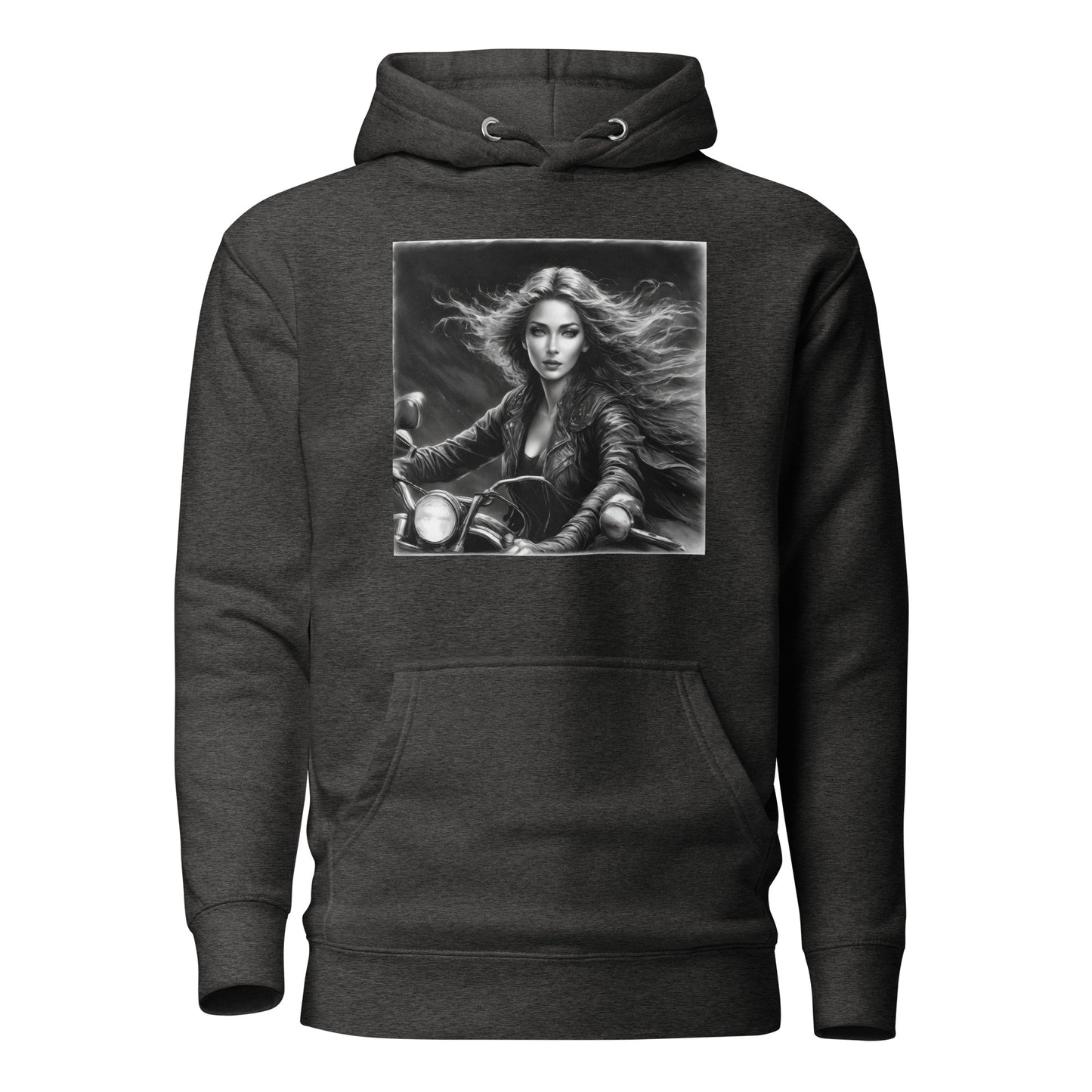 Woman Riding Motorcycle Hoodie Charcoal Heather