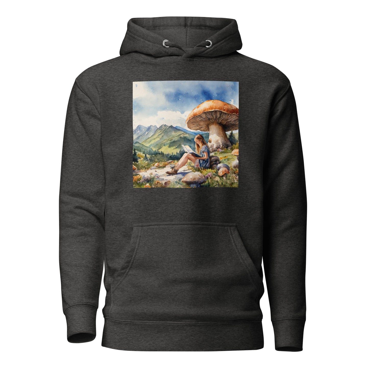 Woman Reading a Book under Large Mushroom Women's Book Lover Hoodie Charcoal Heather