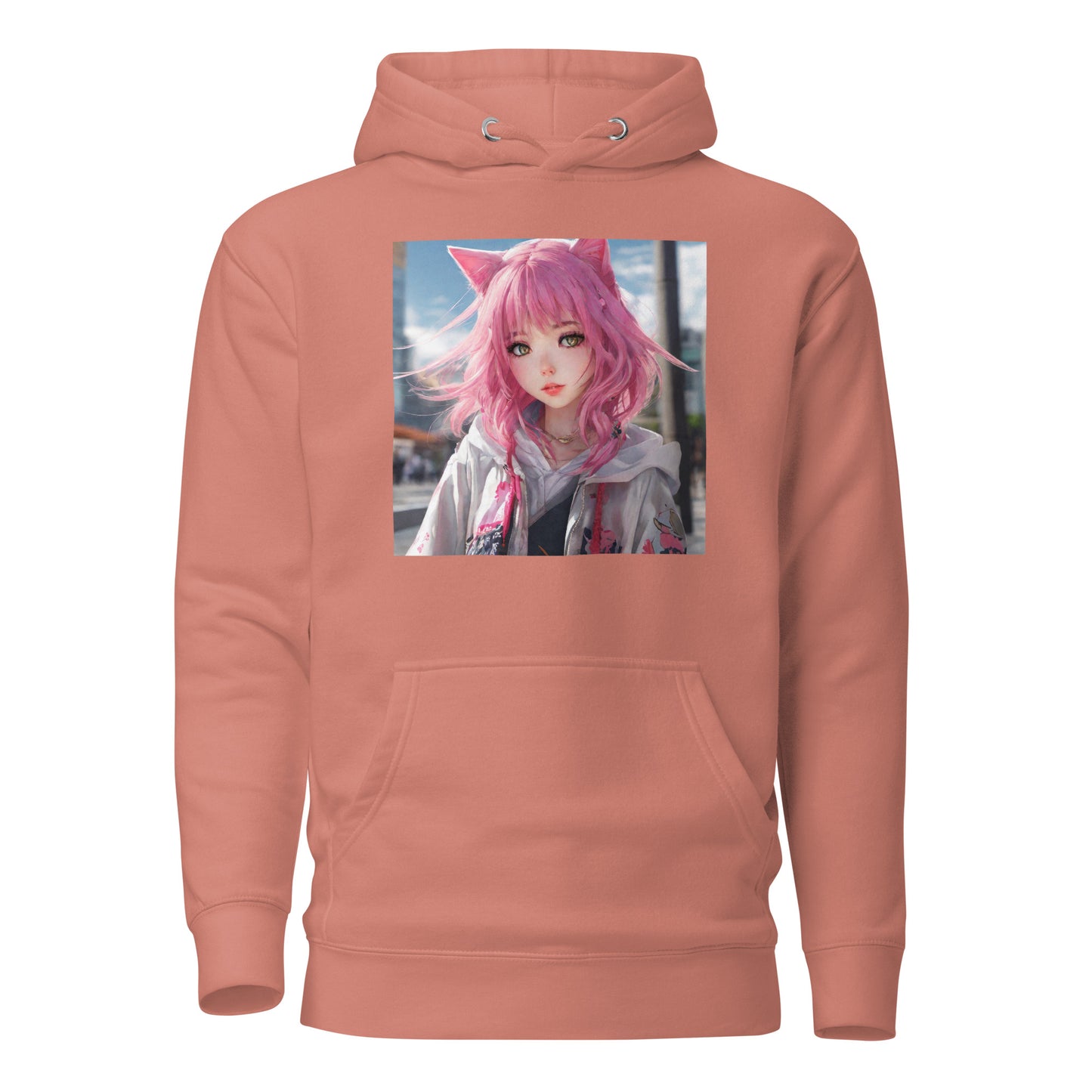 Cute Girl with Cat Ears and Pink Hair Women's Anime Hoodie Dusty Rose