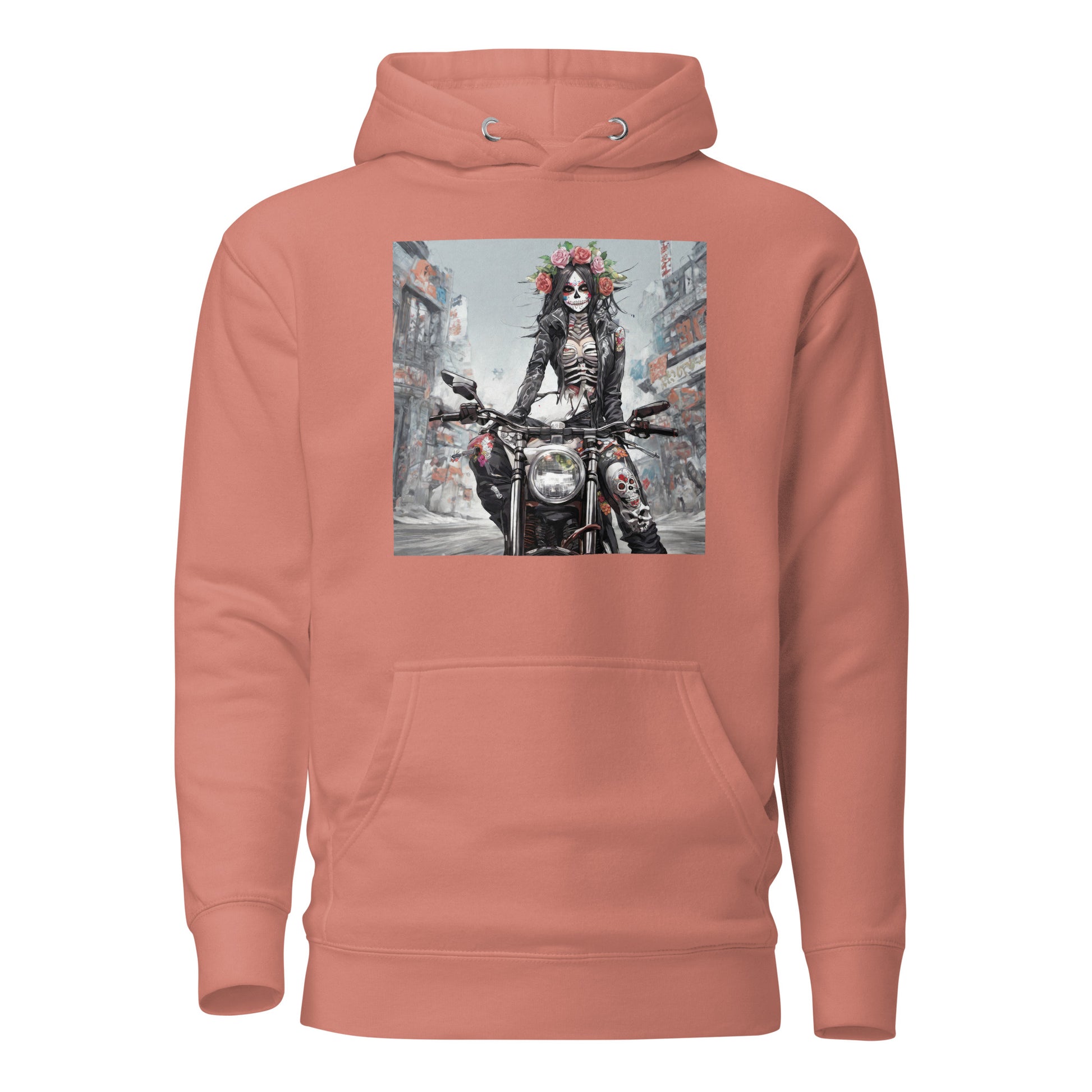 Day of the Dead Biker Women's Anime Hoodie Dusty Rose