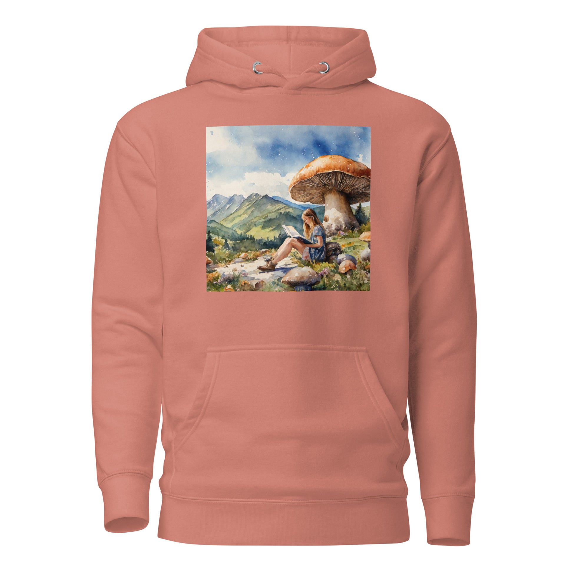 Woman Reading a Book under Large Mushroom Women's Book Lover Hoodie Dusty Rose