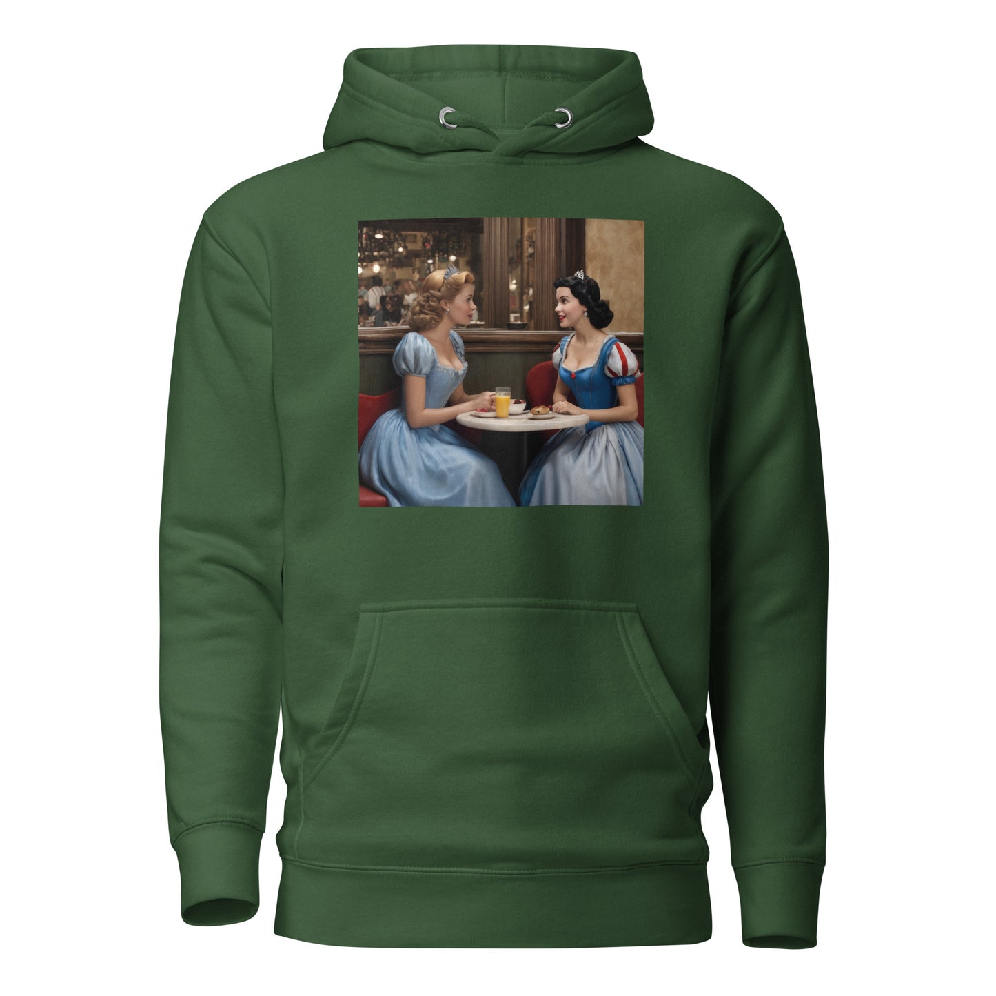 Cinderella and Snow White at a Cafe Hoodie Forest Green