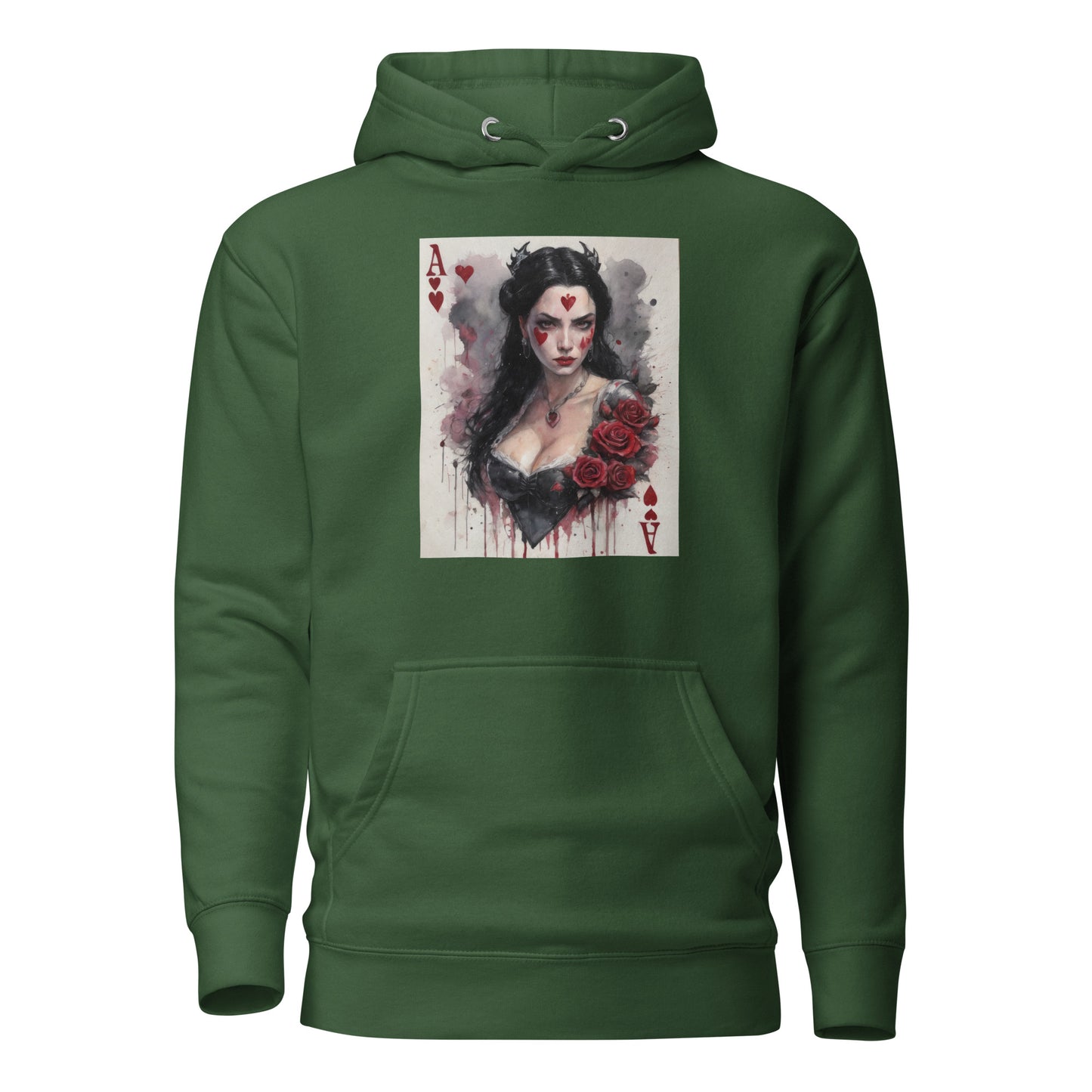 Queen of Hearts Playing Card Women's Hoodie Forest Green