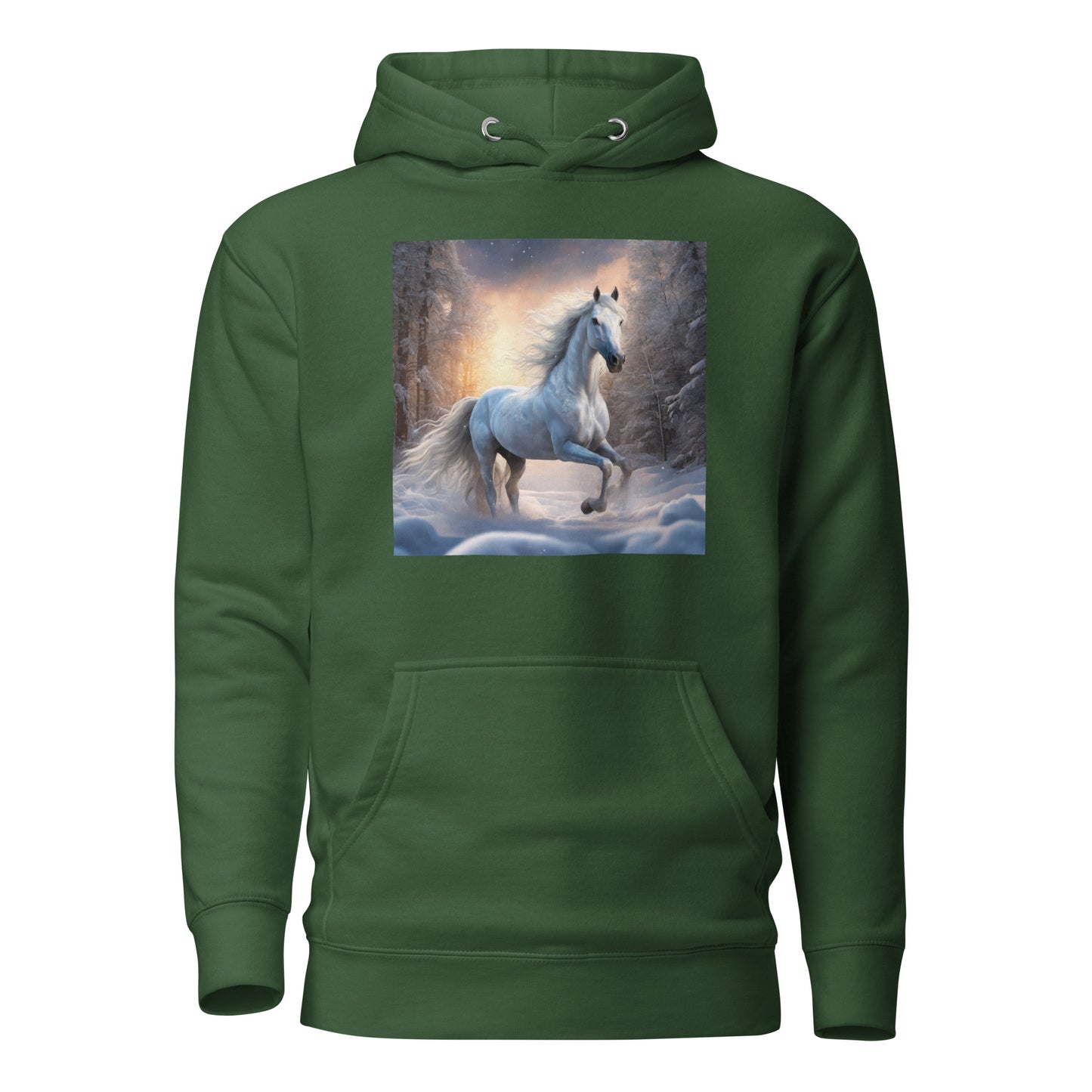 Beautiful White Winter Horse Women's Animal Lover Hoodie Forest Green