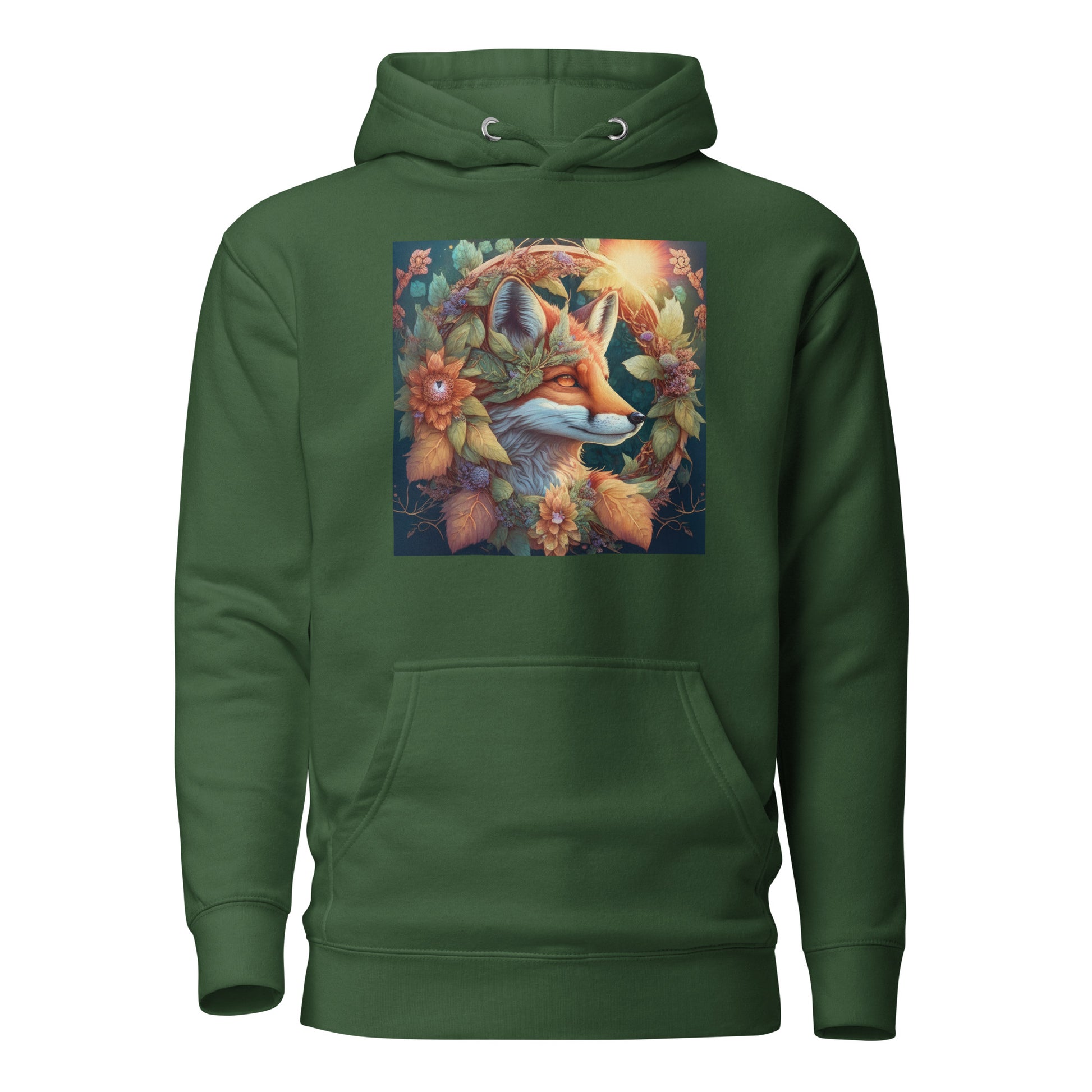 Red Fox Wreath Women's Animal Lover Hoodie Forest Green