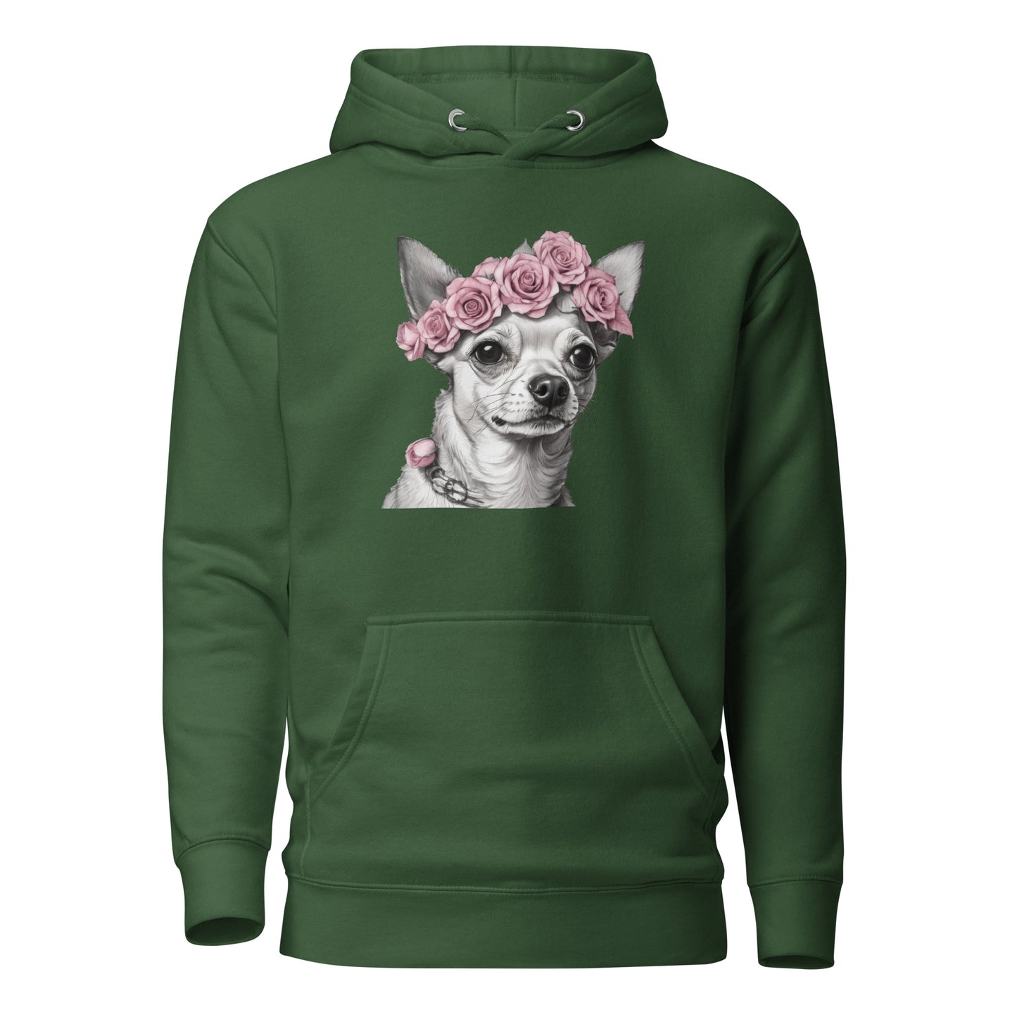 Chihuahua with Pink Rose Wreath Women's Dog Lover Hoodie Forest Green