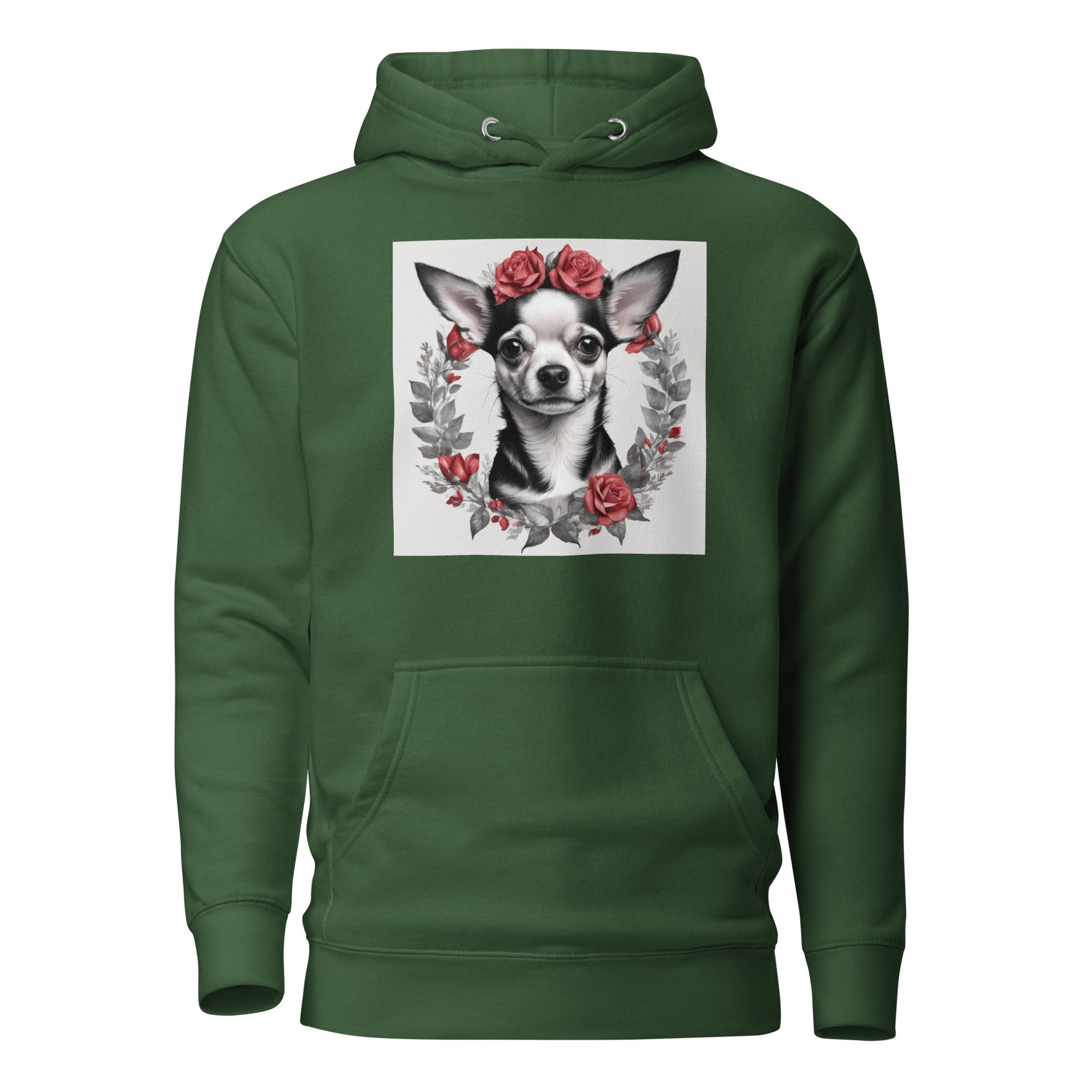 Chihuahua with Red Rose Wreath Women's Dog Lover Hoodie Forest Green