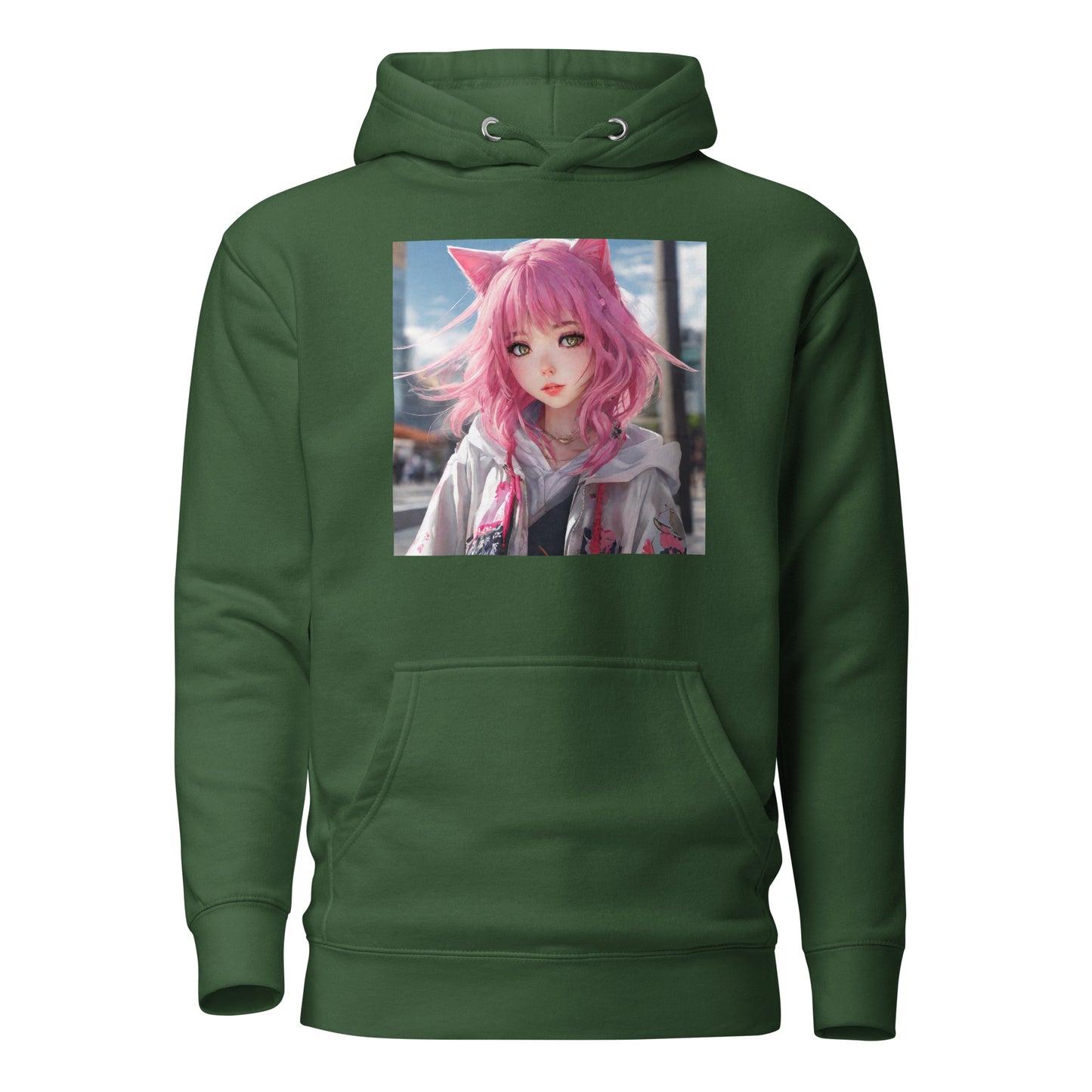 Cute Girl with Cat Ears and Pink Hair Women's Anime Hoodie Forest Green