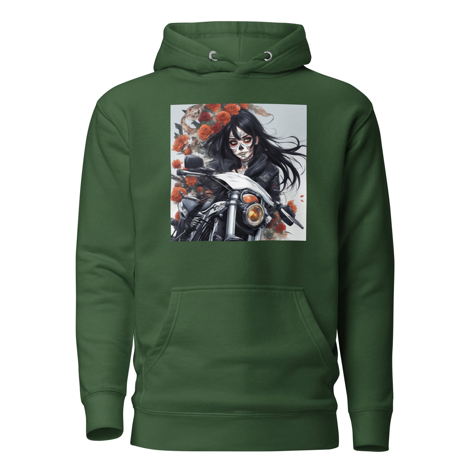 Day of the Dead Biker Close Up Women's Anime Hoodie Forest Green