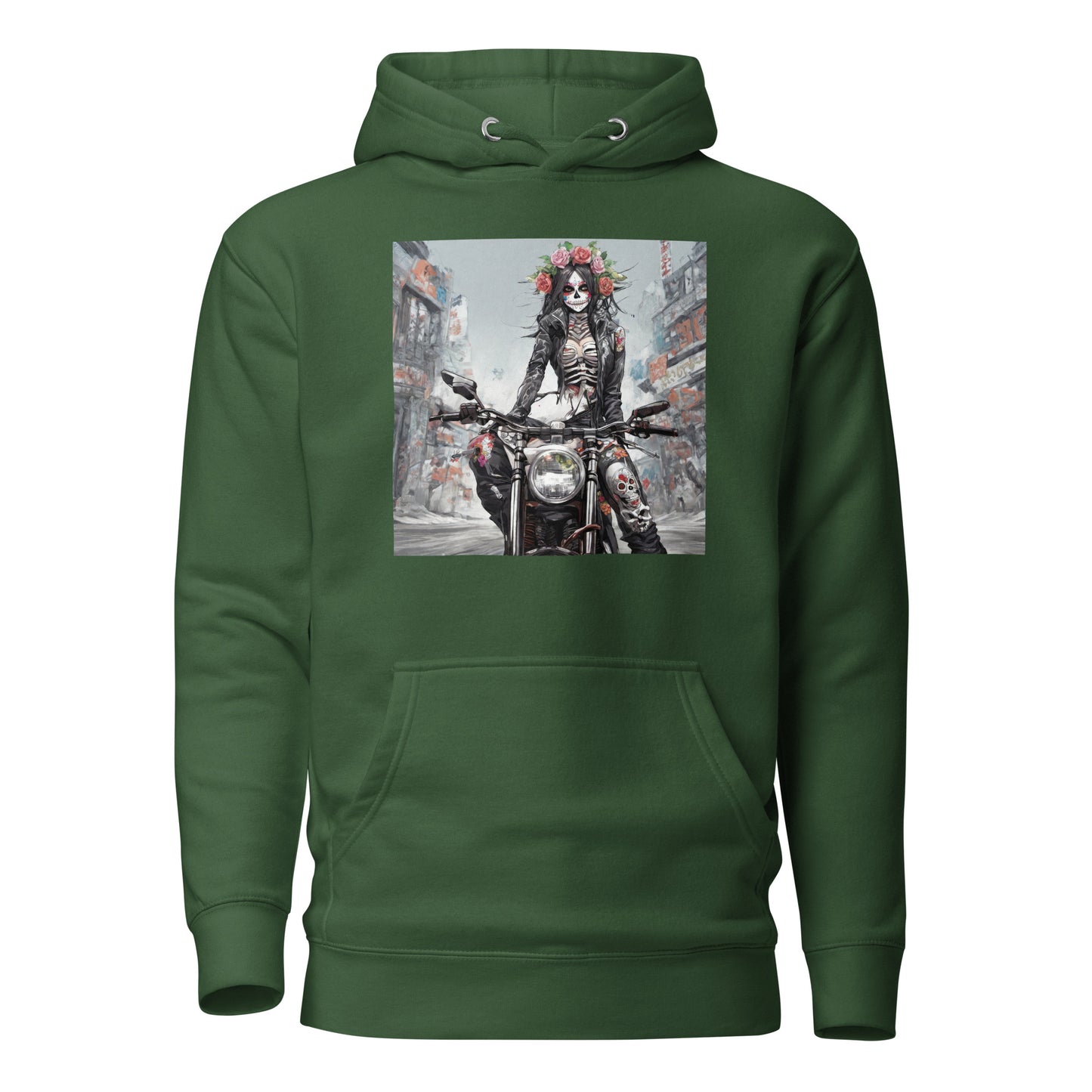 Day of the Dead Biker Women's Anime Hoodie Forest Green