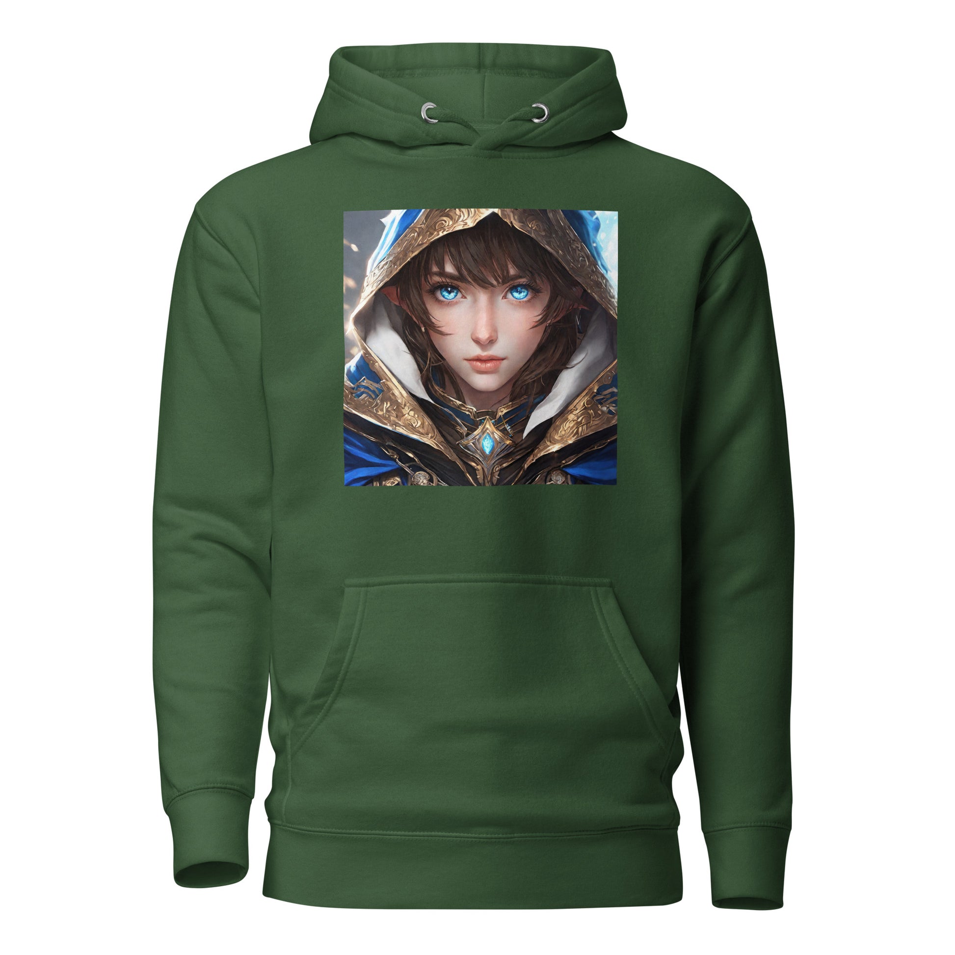 Blue-Eyed Elven Warrior Women's Anime Hoodie Forest Green