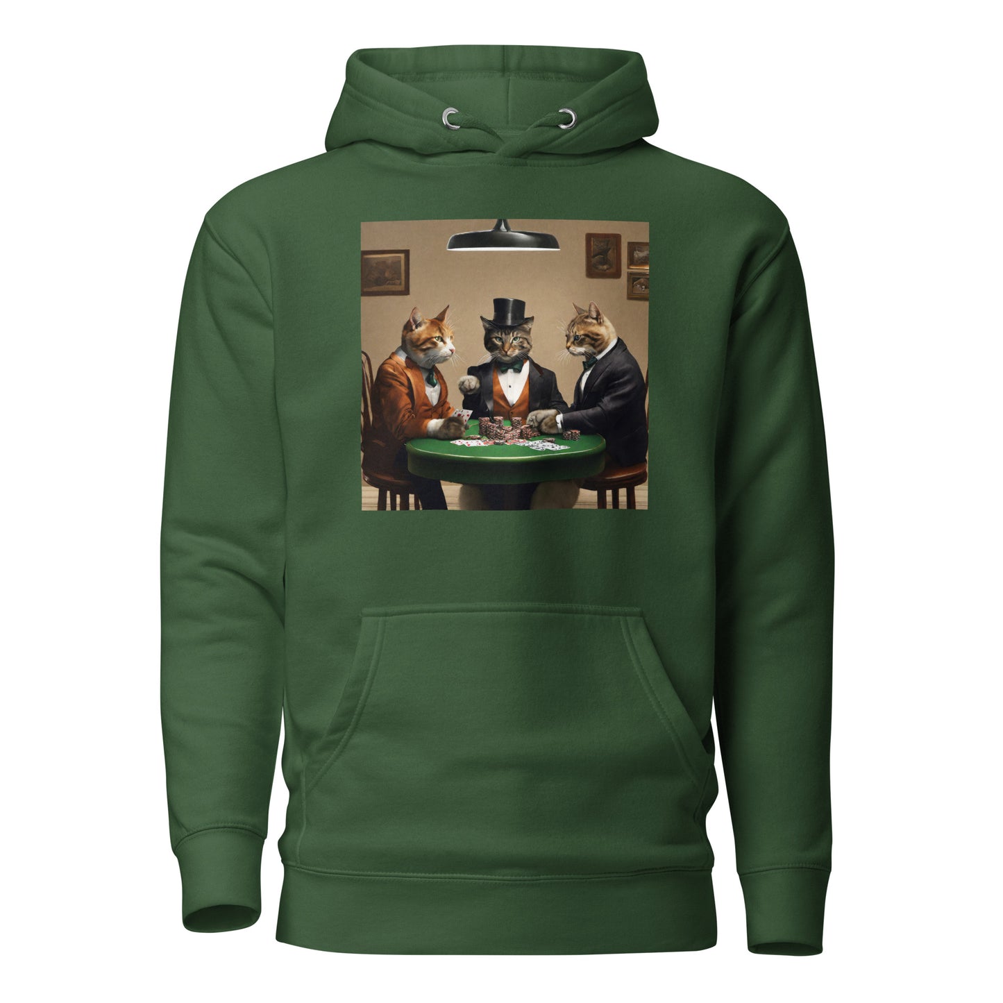 Cats Playing Poker Women's Funny Hoodie Forest Green