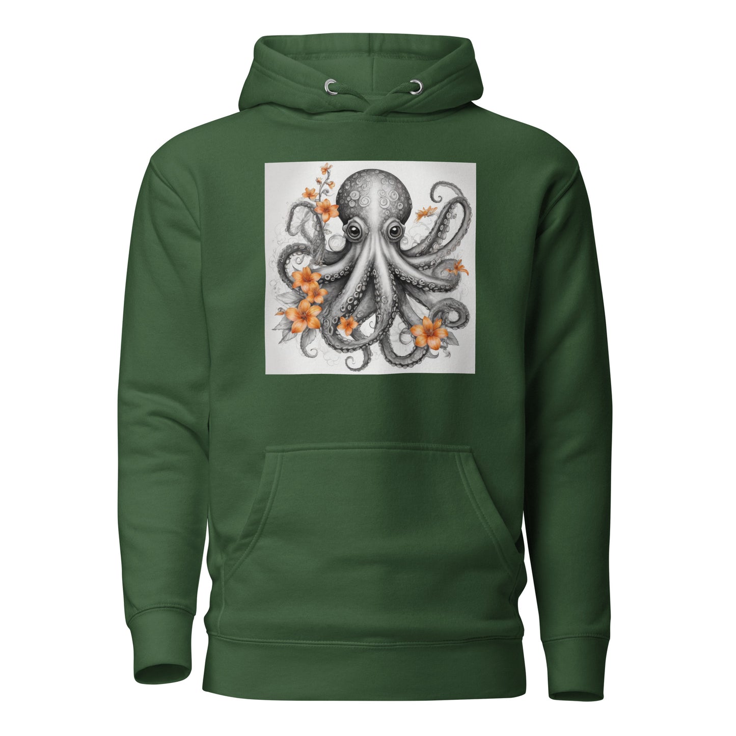 Octopus with Orange Flowers Women's Animal Lover Hoodie Forest Green