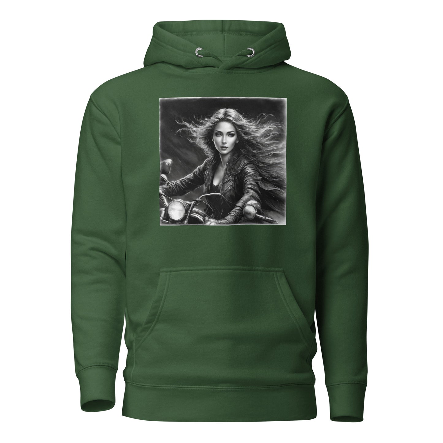 Woman Riding Motorcycle Hoodie Forest Green