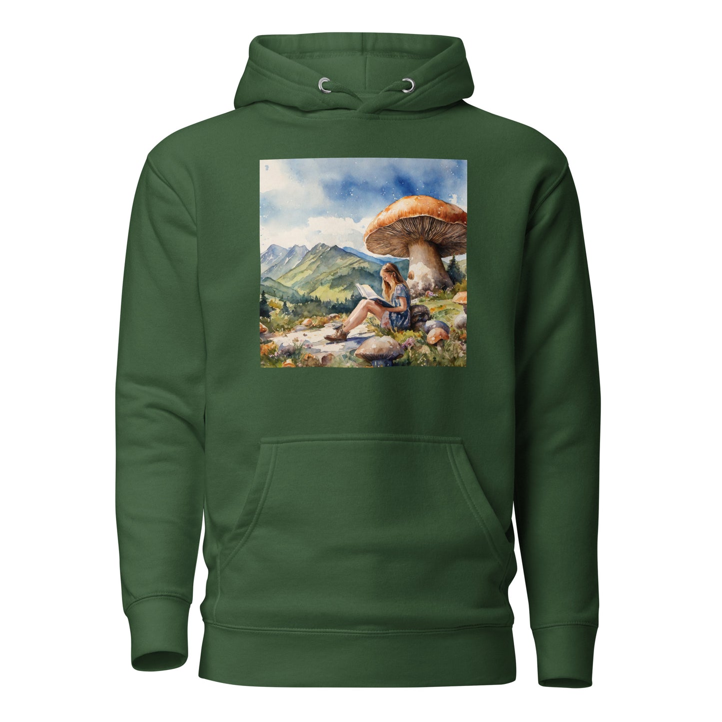 Woman Reading a Book under Large Mushroom Women's Book Lover Hoodie Forest Green