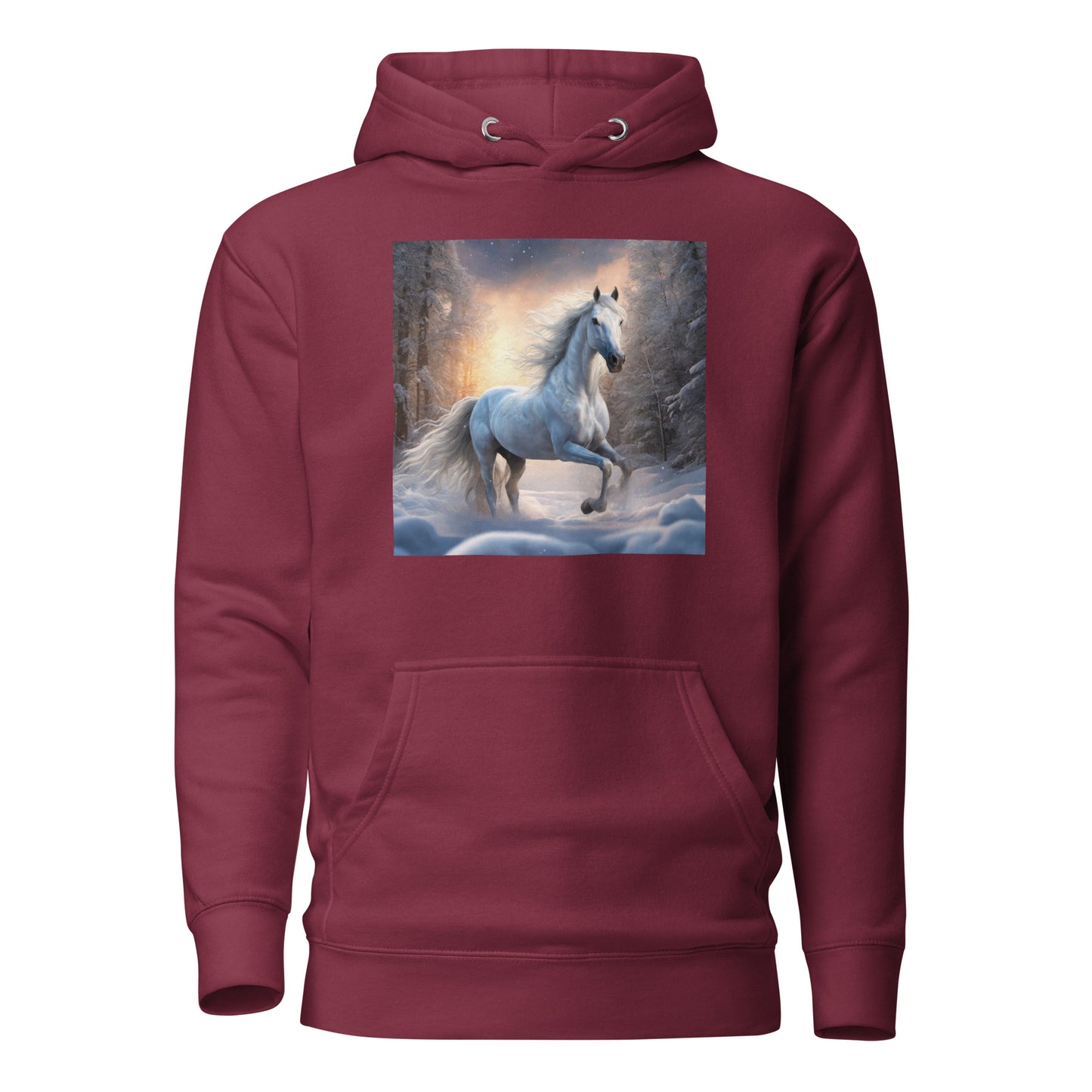 Beautiful White Winter Horse Women's Animal Lover Hoodie Maroon