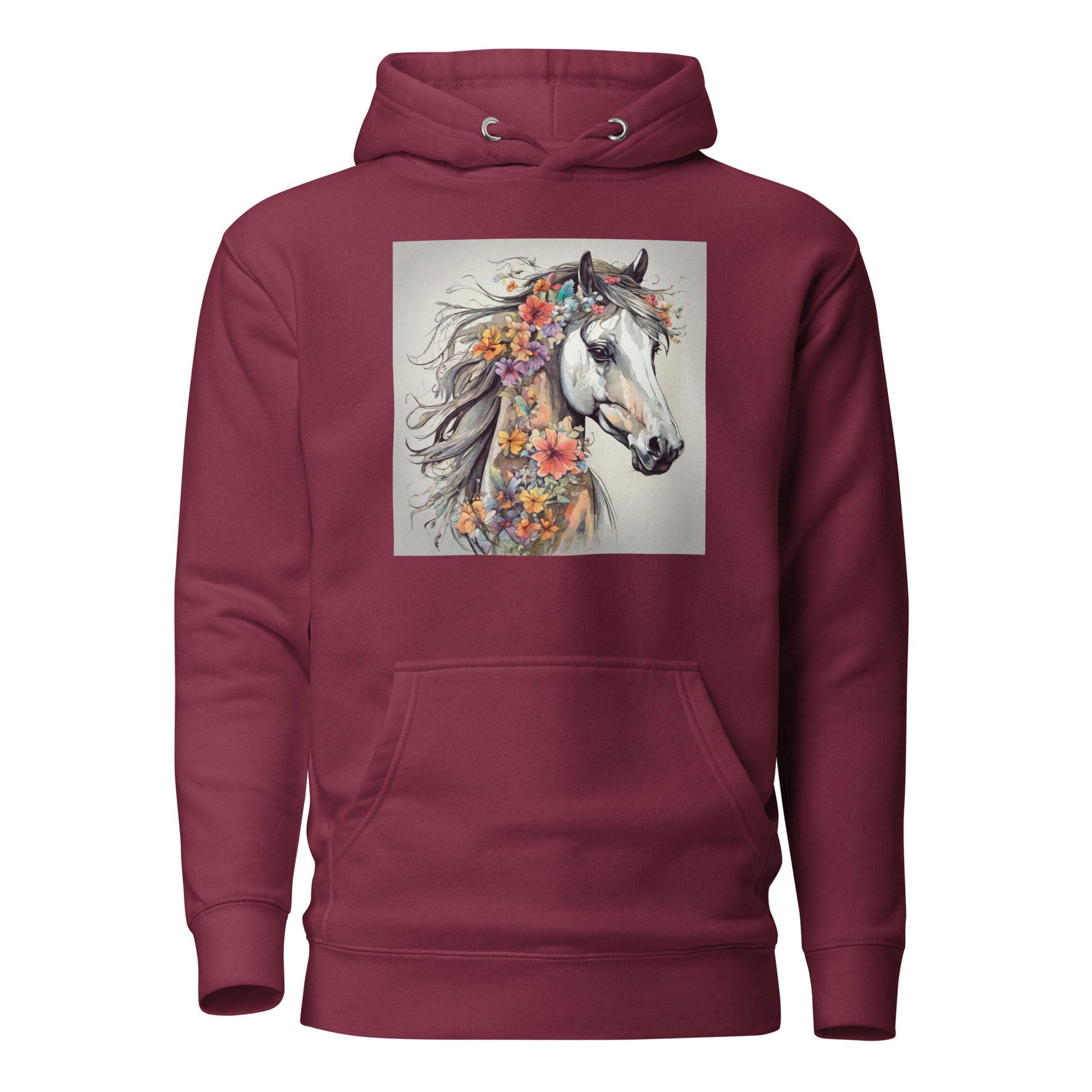 Horse with Flowers Women's Animal Lover Hoodie Maroon