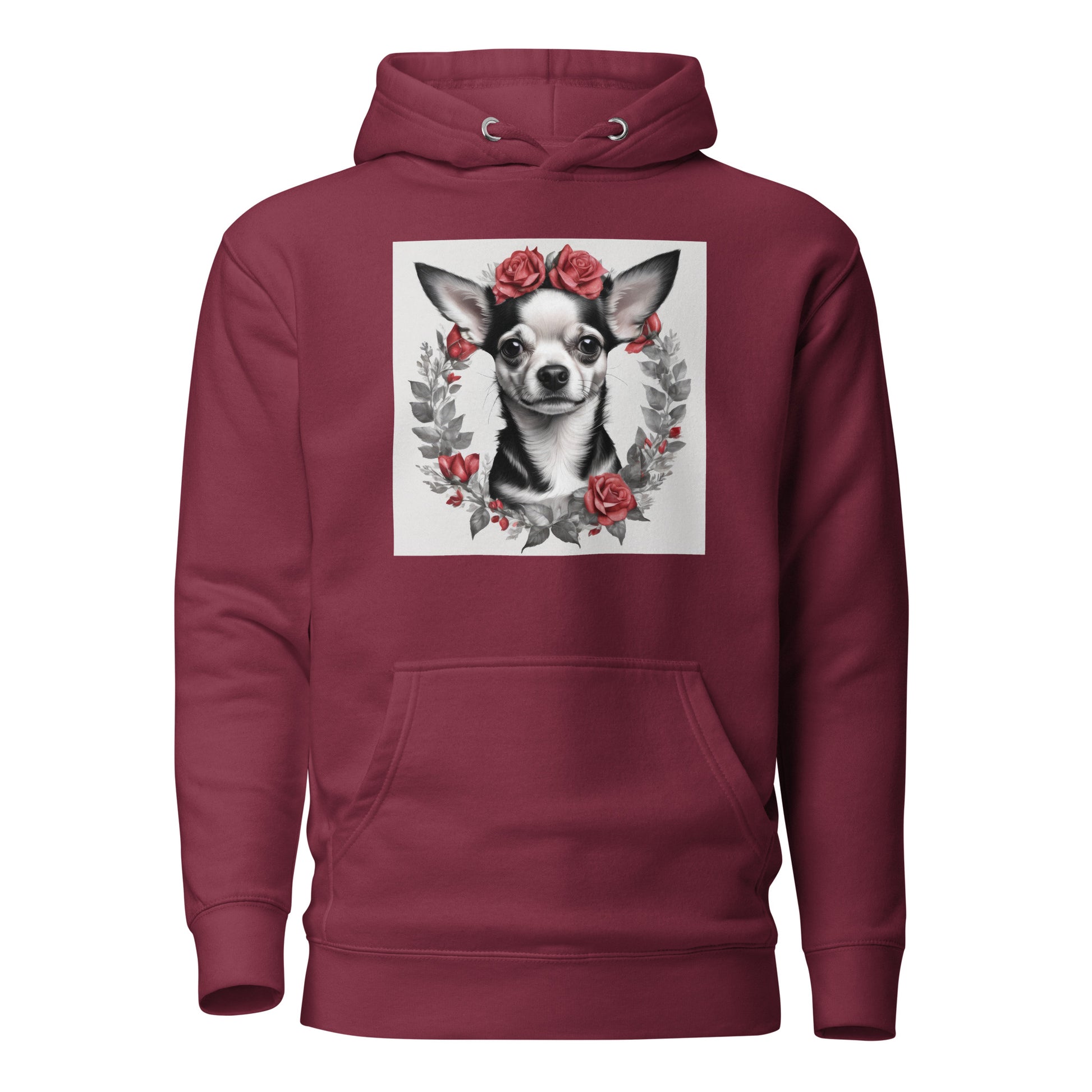 Chihuahua with Red Rose Wreath Women's Dog Lover Hoodie Maroon