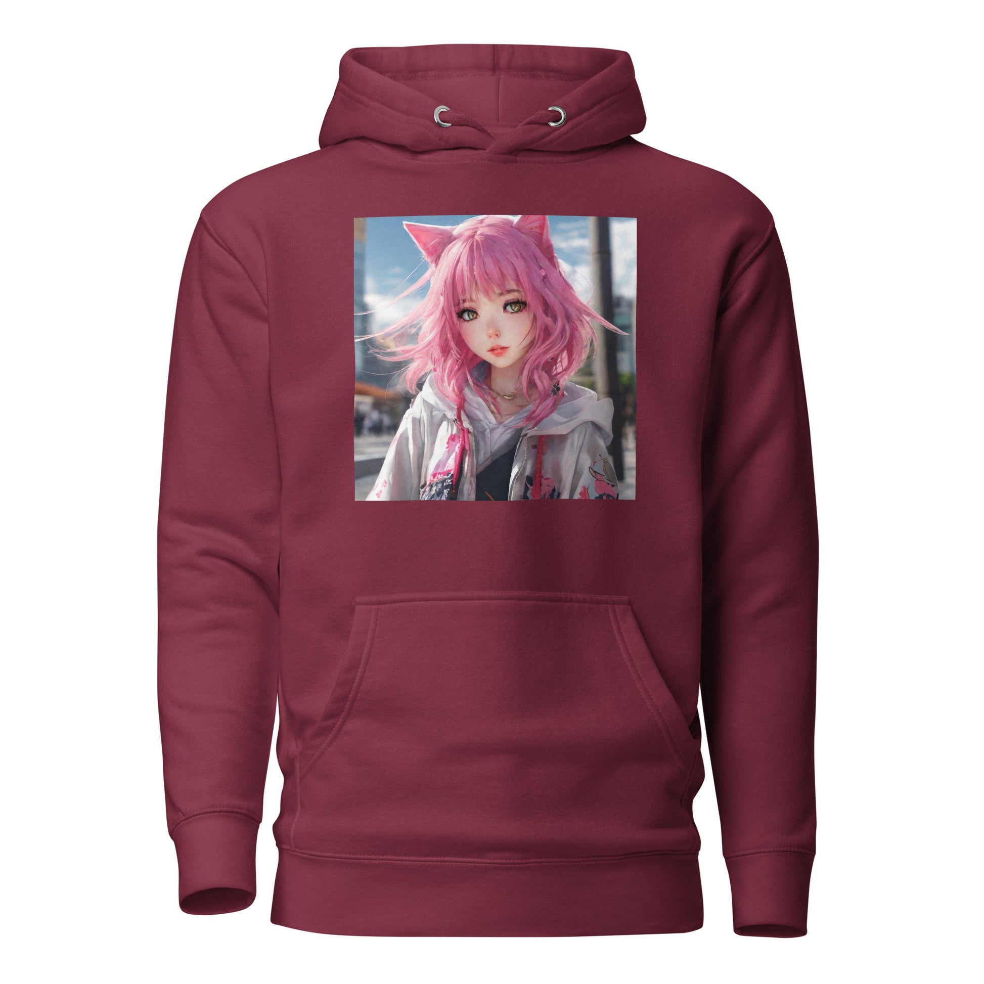 Cute Girl with Cat Ears and Pink Hair Women's Anime Hoodie Maroon