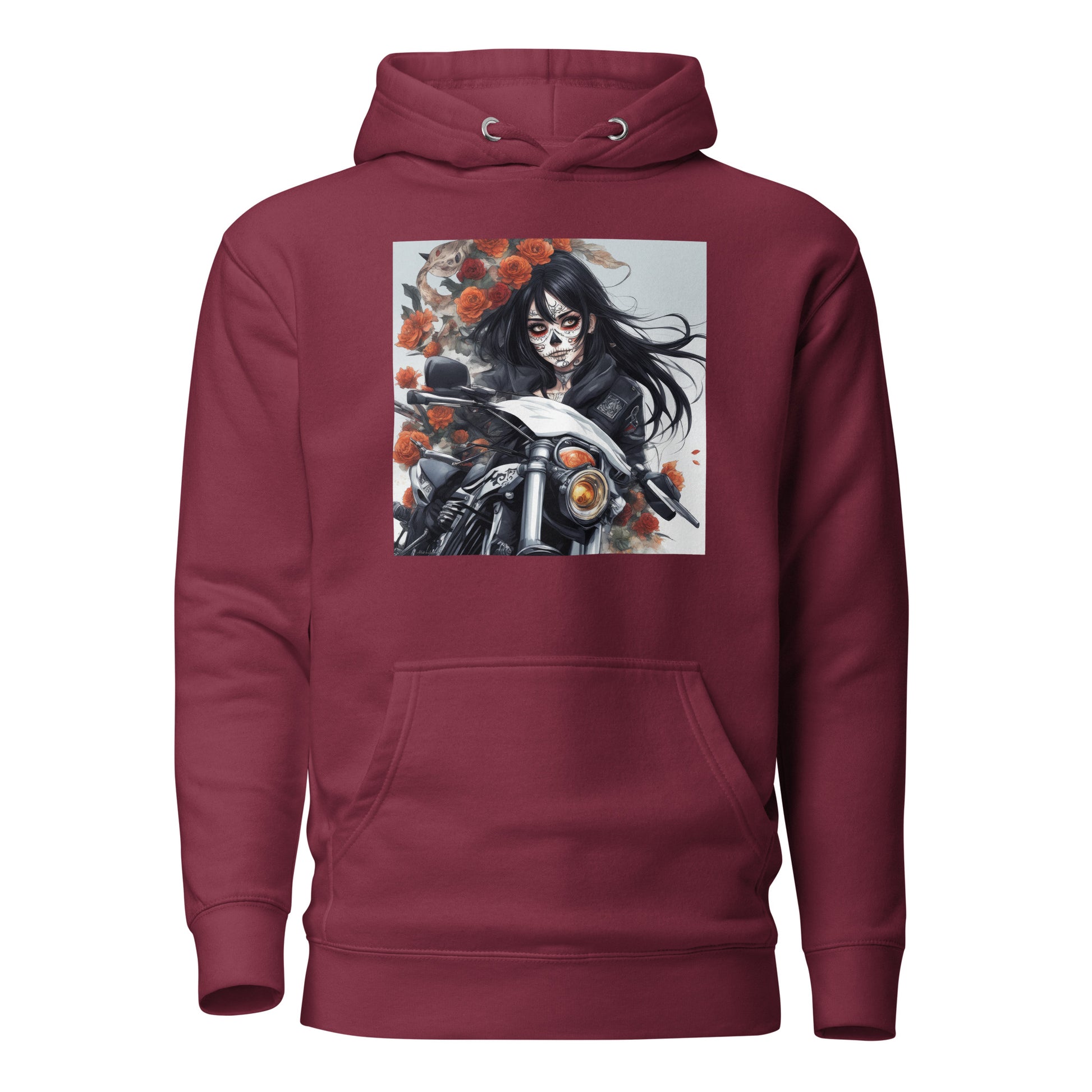 Day of the Dead Biker Close Up Women's Anime Hoodie Maroon