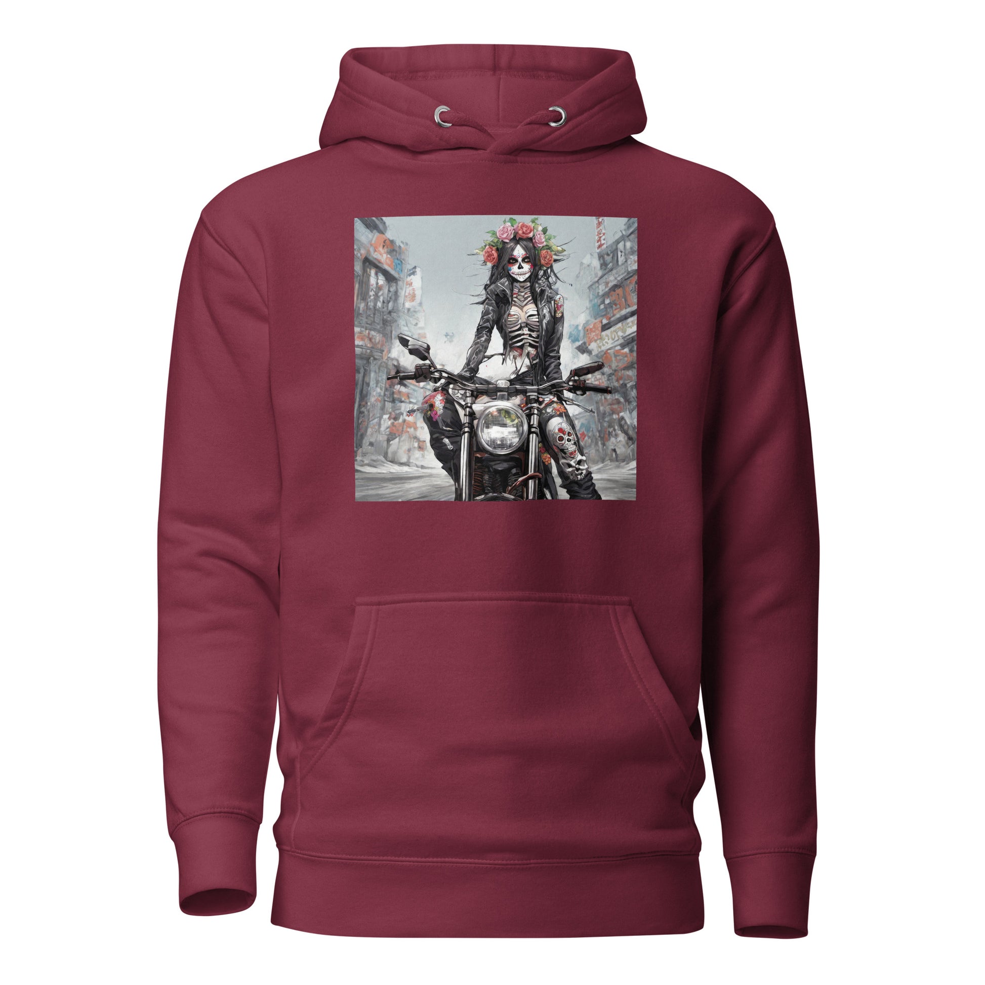 Day of the Dead Biker Women's Anime Hoodie Maroon