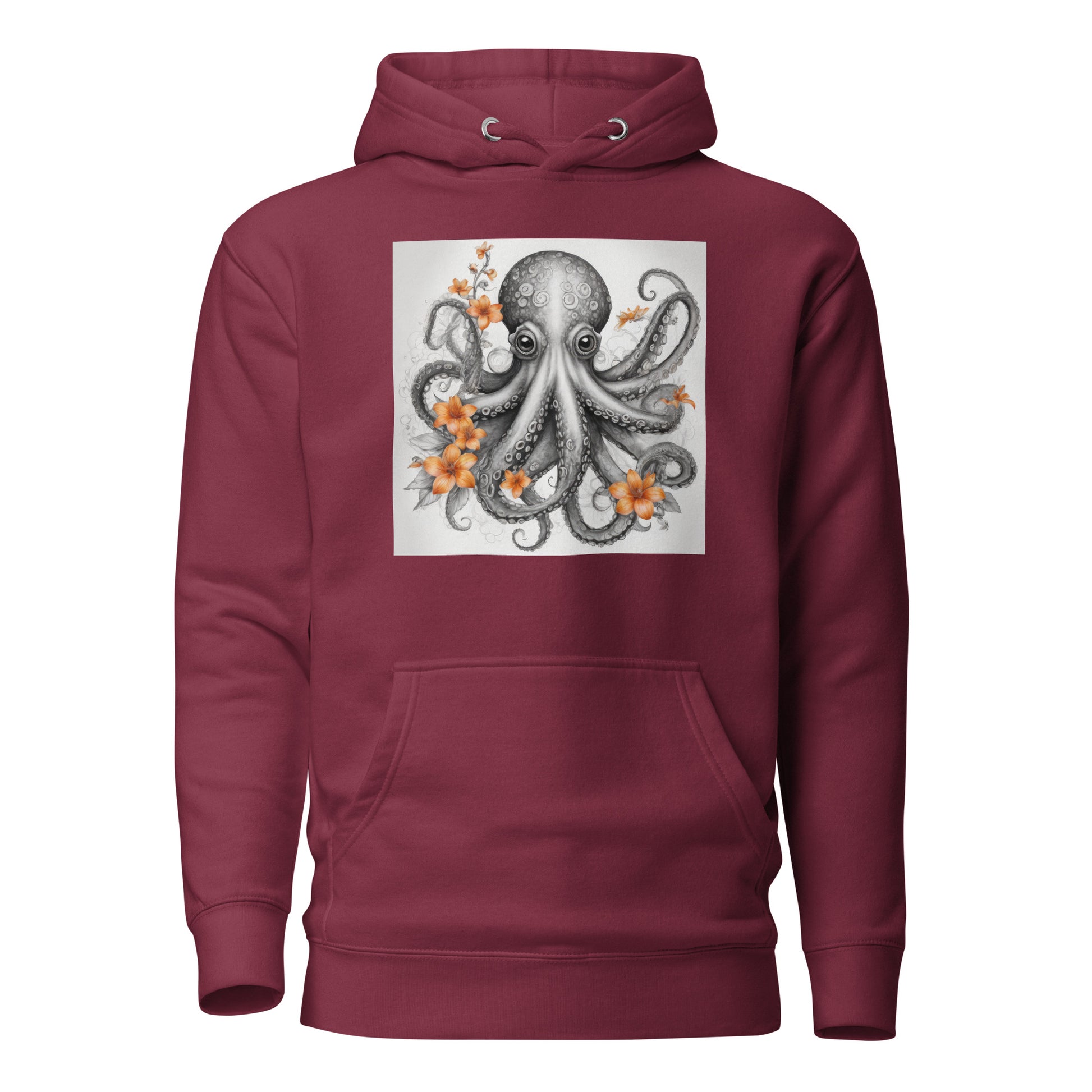 Octopus with Orange Flowers Women's Animal Lover Hoodie Maroon