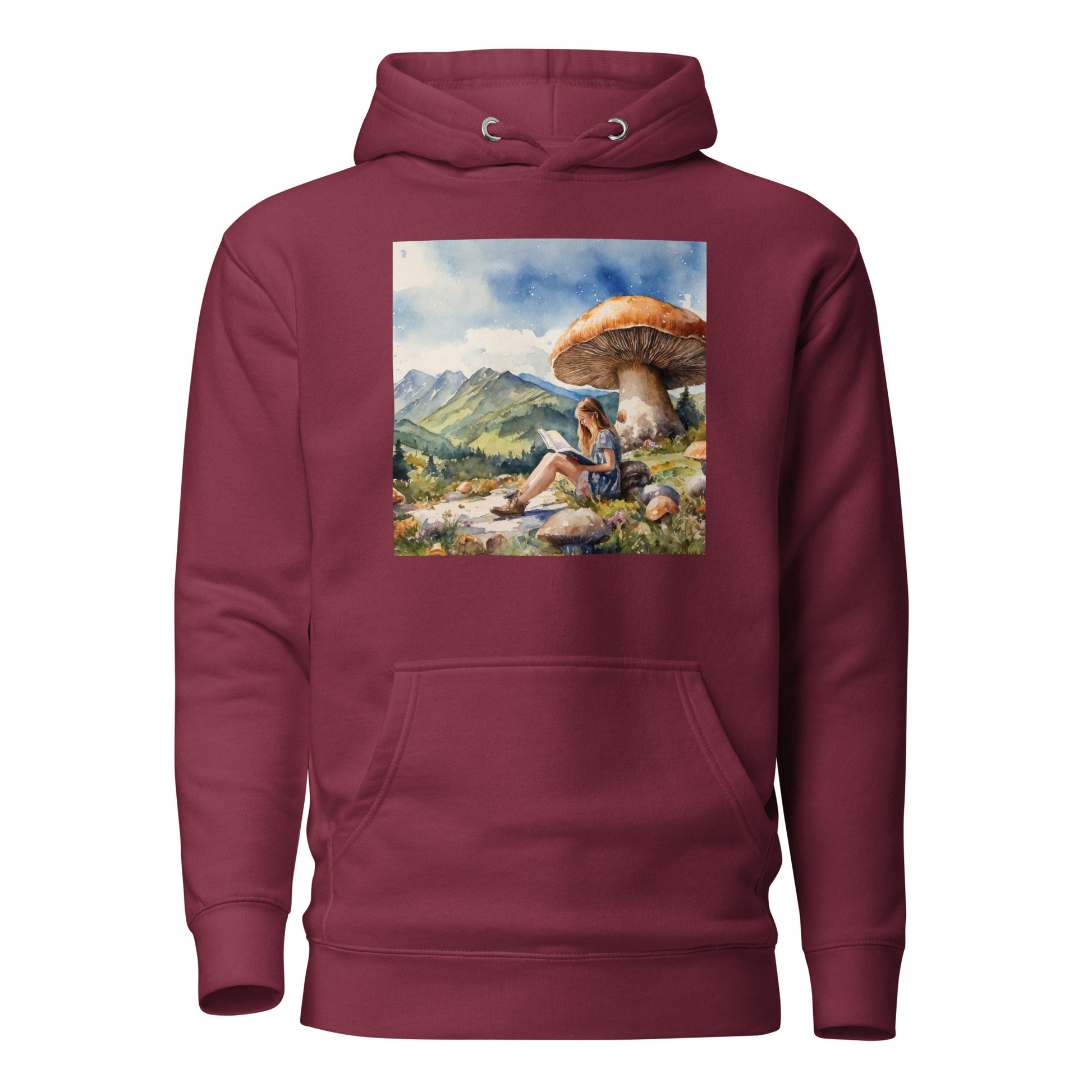 Woman Reading a Book under Large Mushroom Women's Book Lover Hoodie Maroon