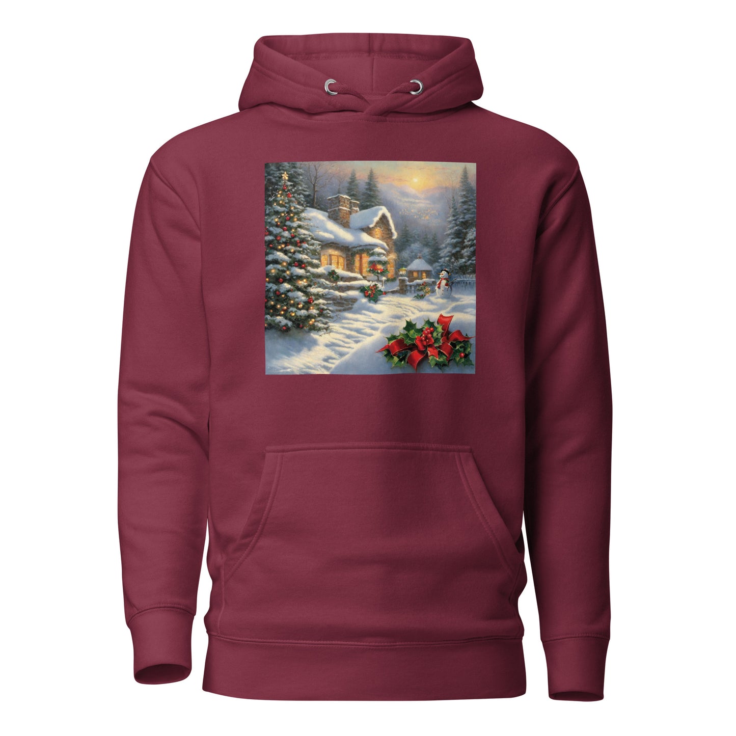 Snowy Winter Scene Women's Christmas Hoodie Maroon