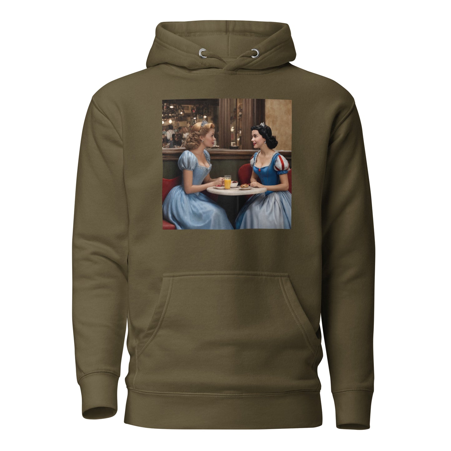 Cinderella and Snow White at a Cafe Hoodie Military Green