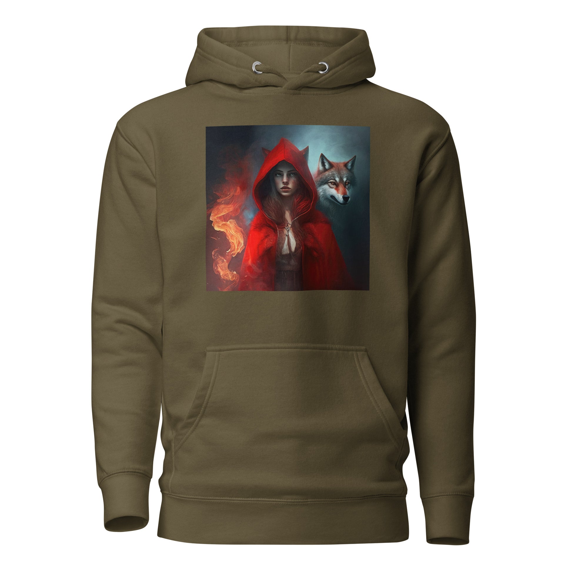 Fiery Red Riding Hood & Wolf Hoodie Military Green