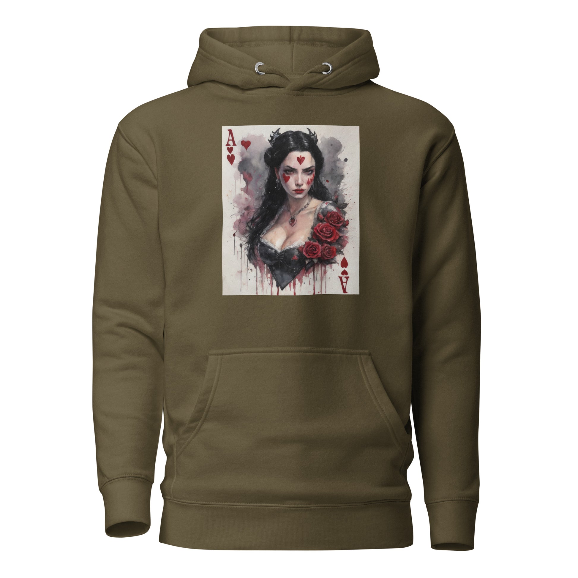 Queen of Hearts Playing Card Women's Hoodie Military Green