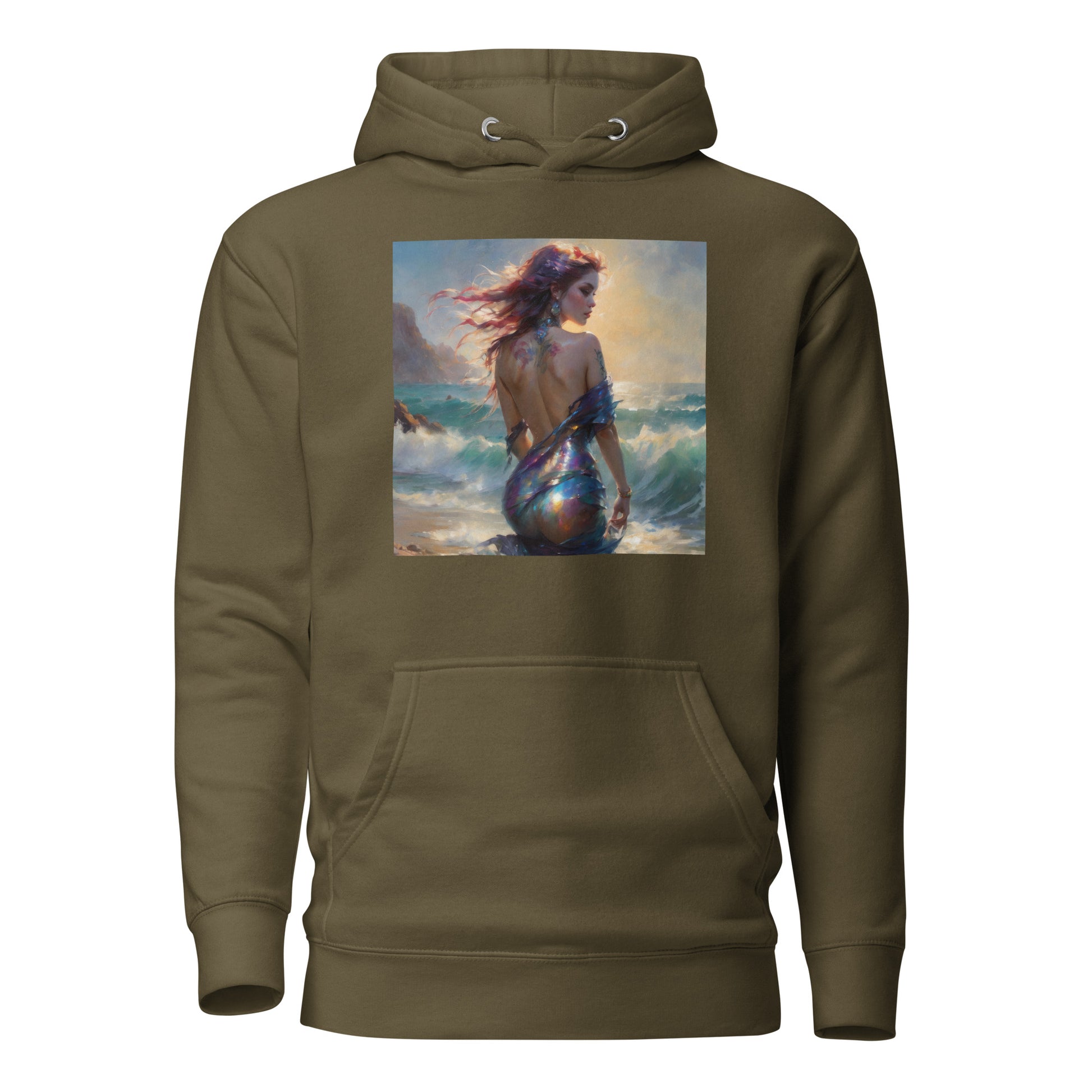 Enchanting Mermaid on Beach Women's Fantasy Hoodie Military Green