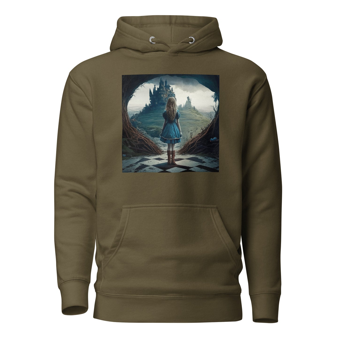 Alice Entering Wonderland Women's Fantasy Graphic Hoodie Military Green