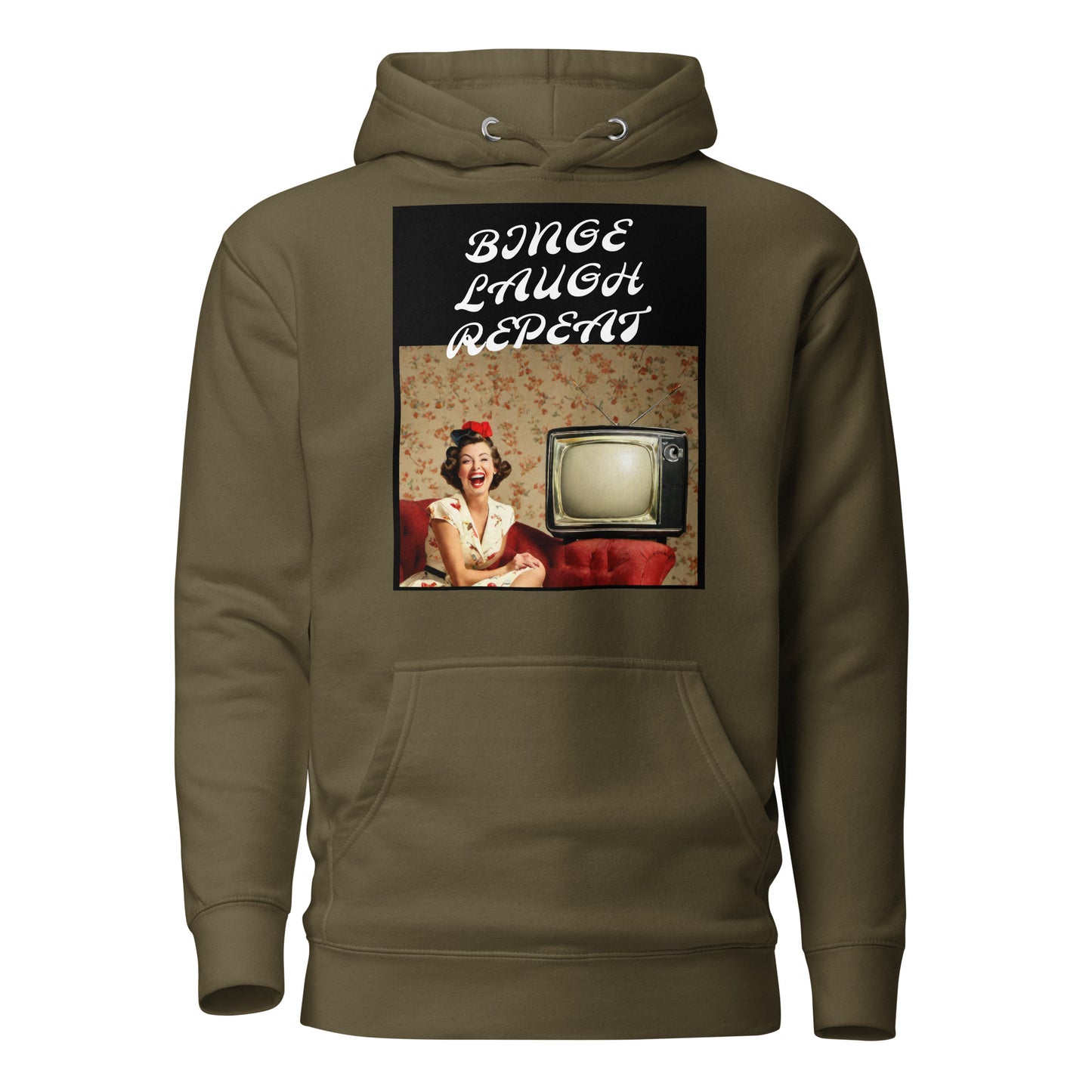 Binge Laugh Repeat Women's Funny Hoodie Military Green