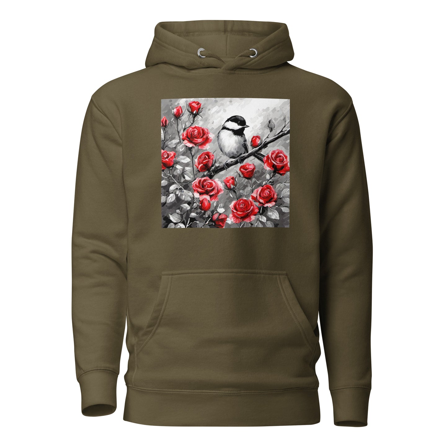 Chickadee Among Roses Women's Bird Lover Hoodie Military Green