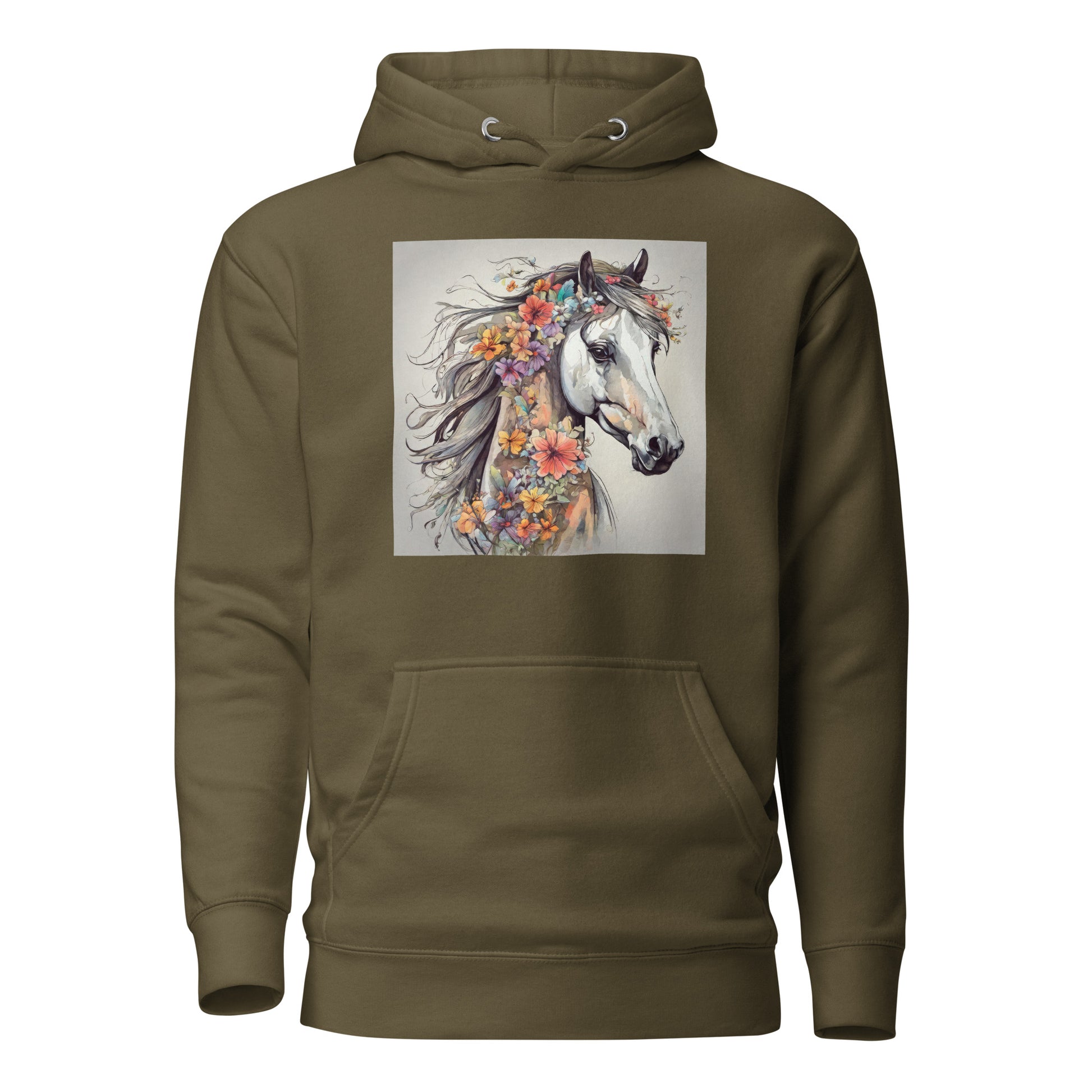 Horse with Flowers Women's Animal Lover Hoodie Military Green