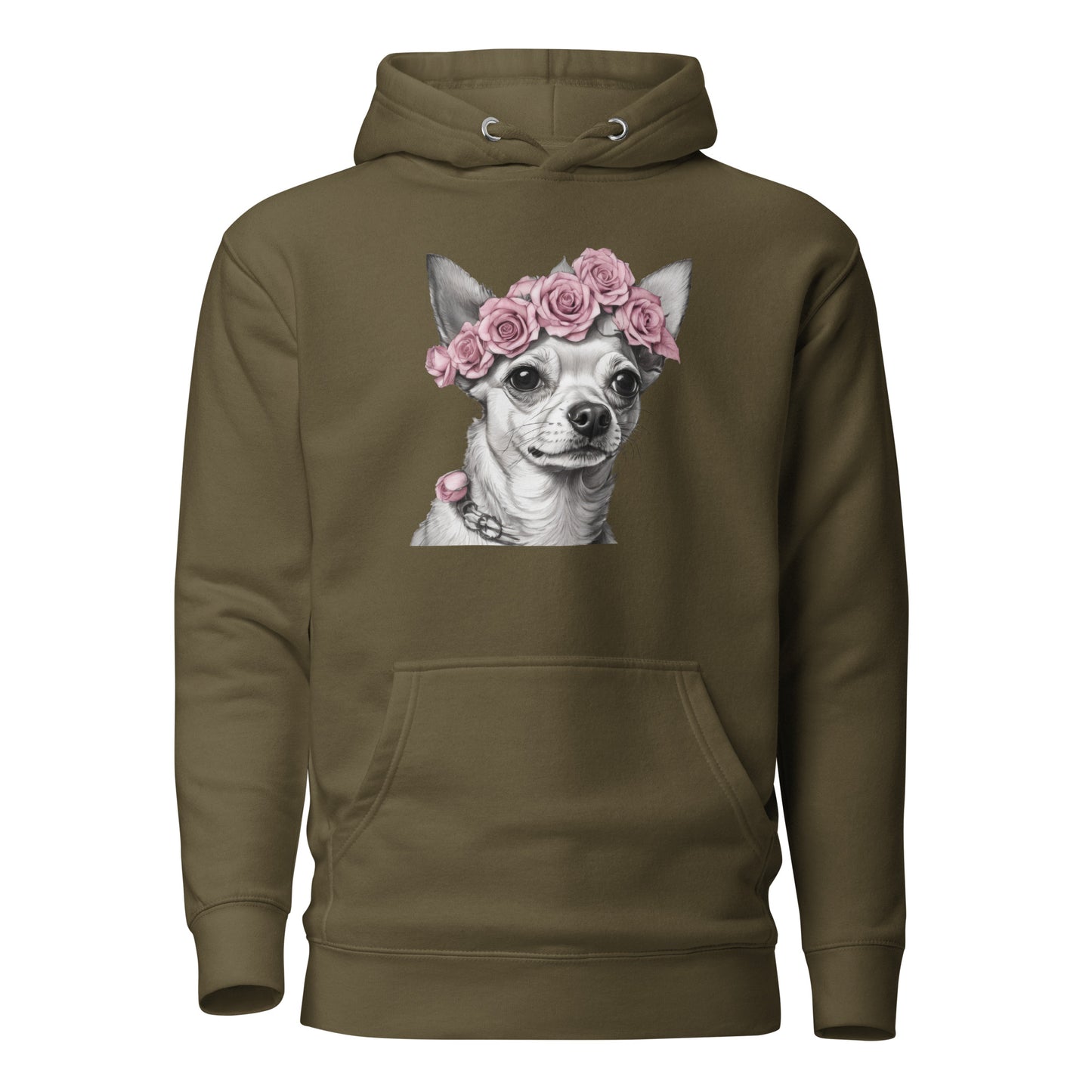 Chihuahua with Pink Rose Wreath Women's Dog Lover Hoodie Military Green