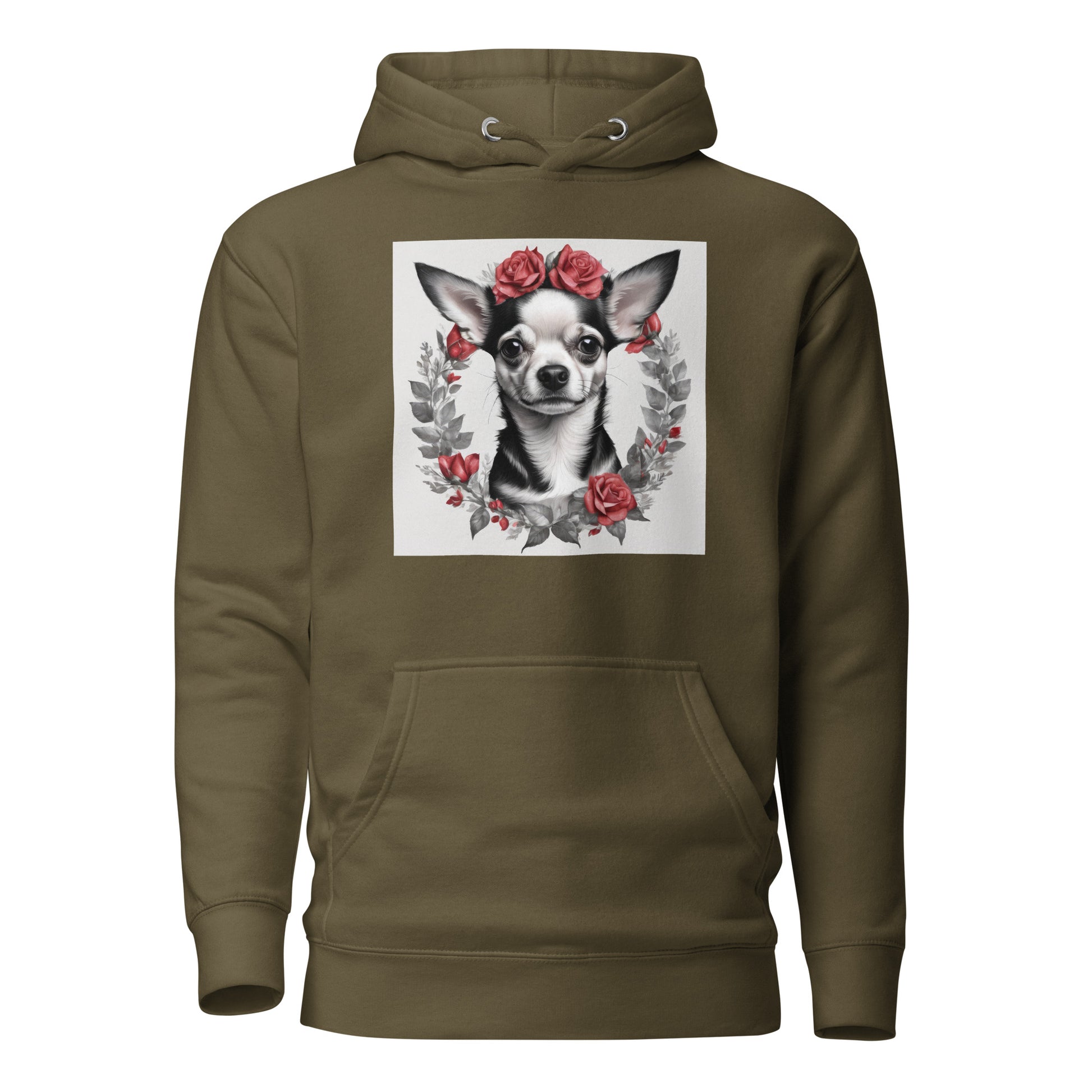 Chihuahua with Red Rose Wreath Women's Dog Lover Hoodie Military Green